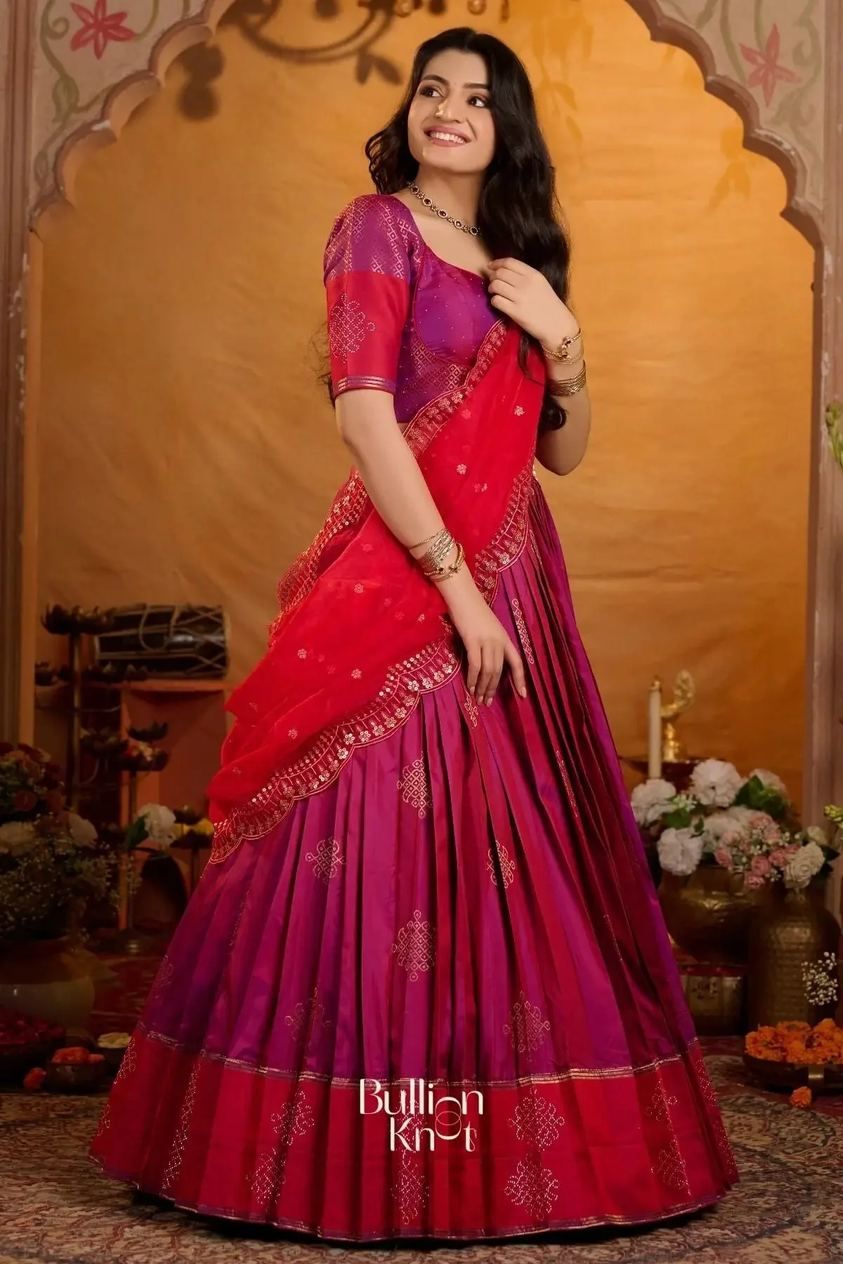 Aarvi Pushpa Soft Silk Lehenga Set In Magenta Pink - Image 4