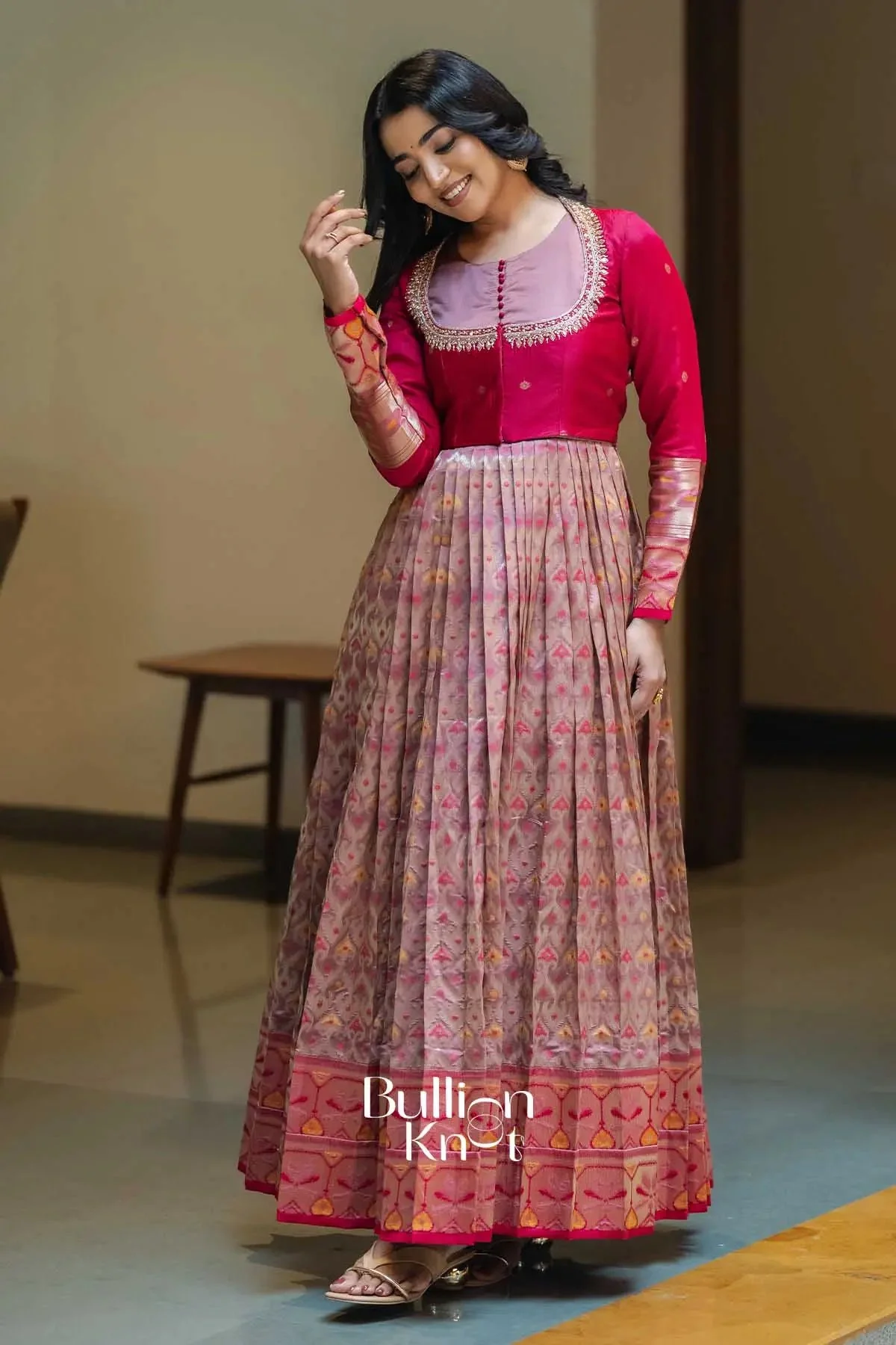 Bhavishya | Pink Pattu Ikat Jacket Gown for Elegant Occasions - Image 3