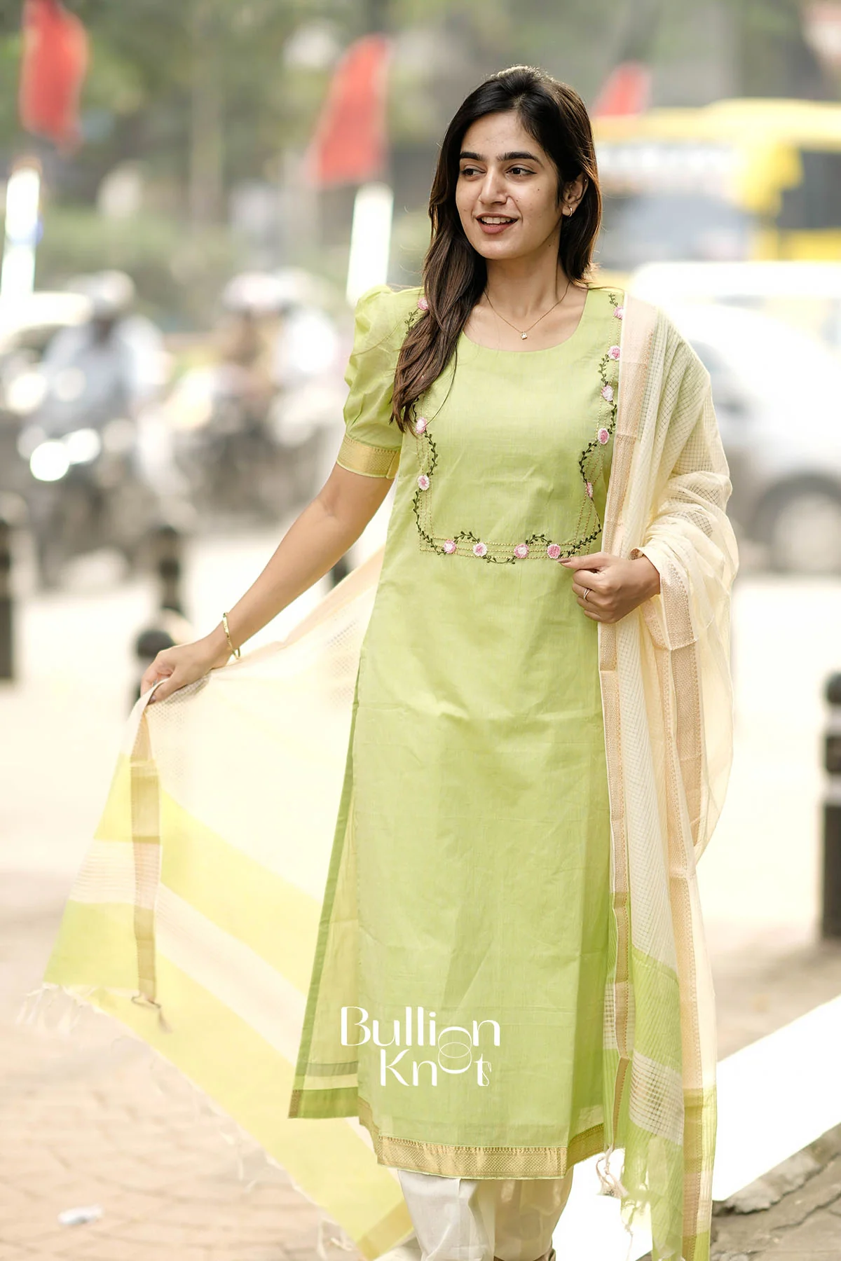 Amodini Lime Green Mangalagiri Cotton Suit Set - Image 6