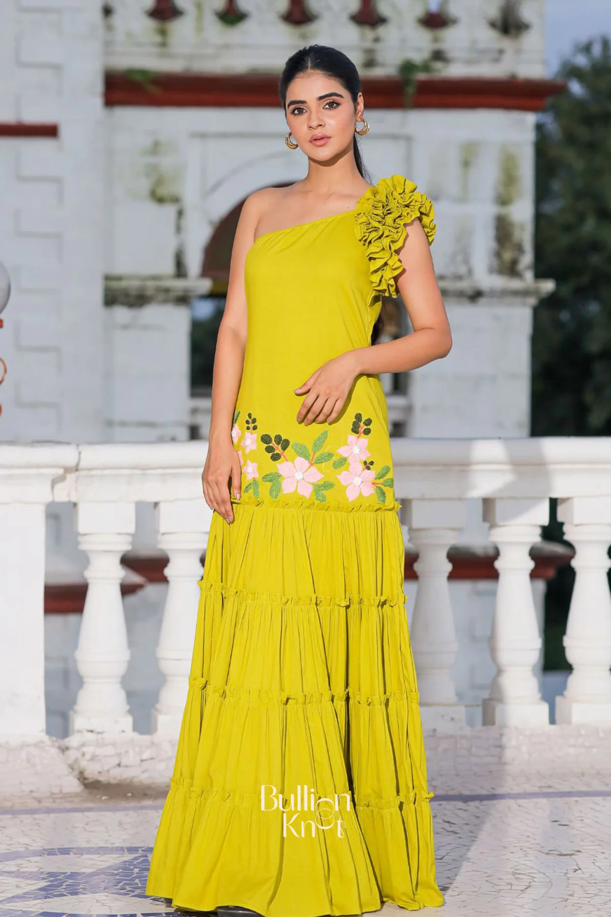 Birdy Flower Lime One Shoulder Maxi Dress - Image 4