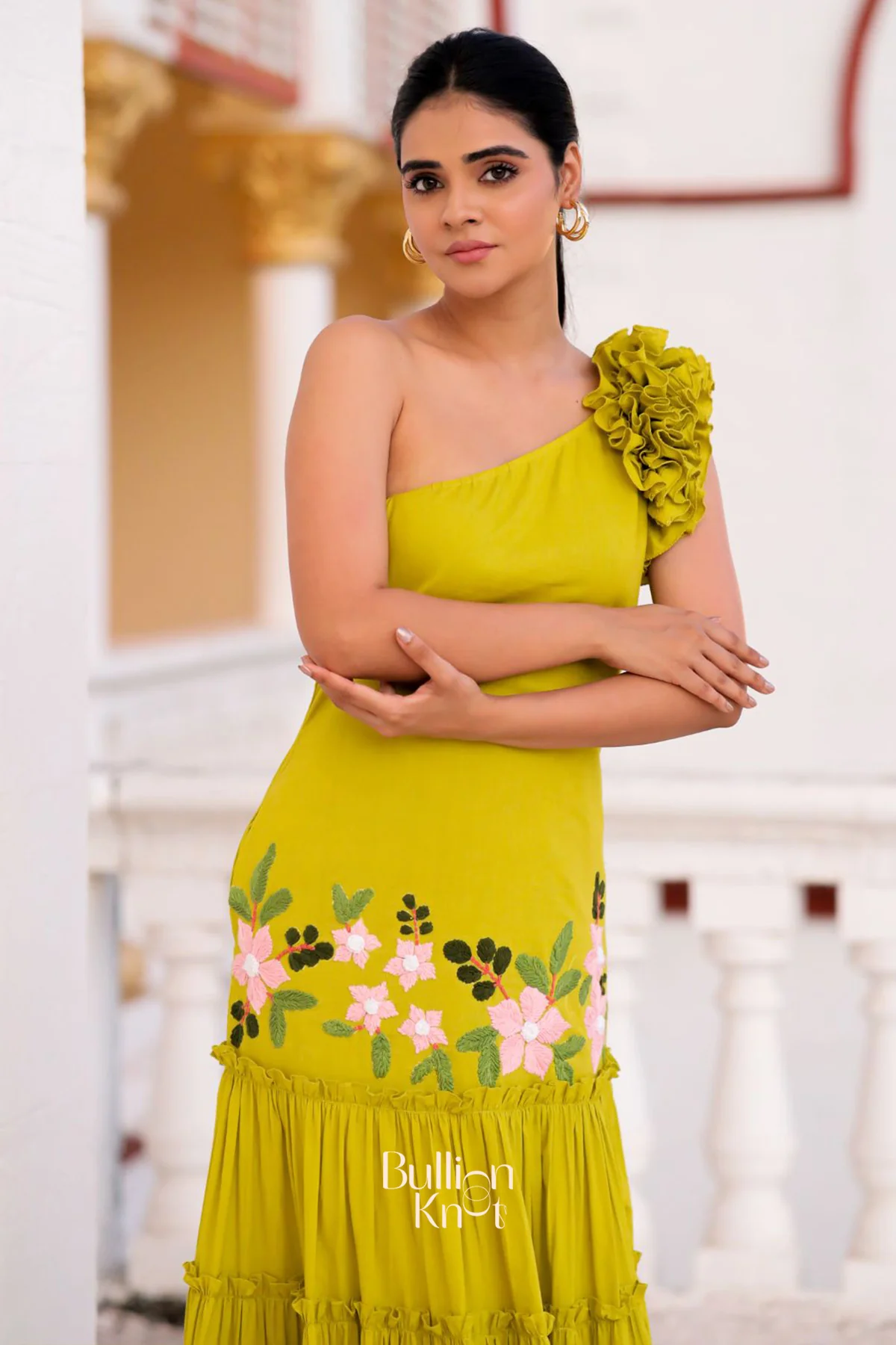 Birdy Flower Lime One Shoulder Maxi Dress - Image 5