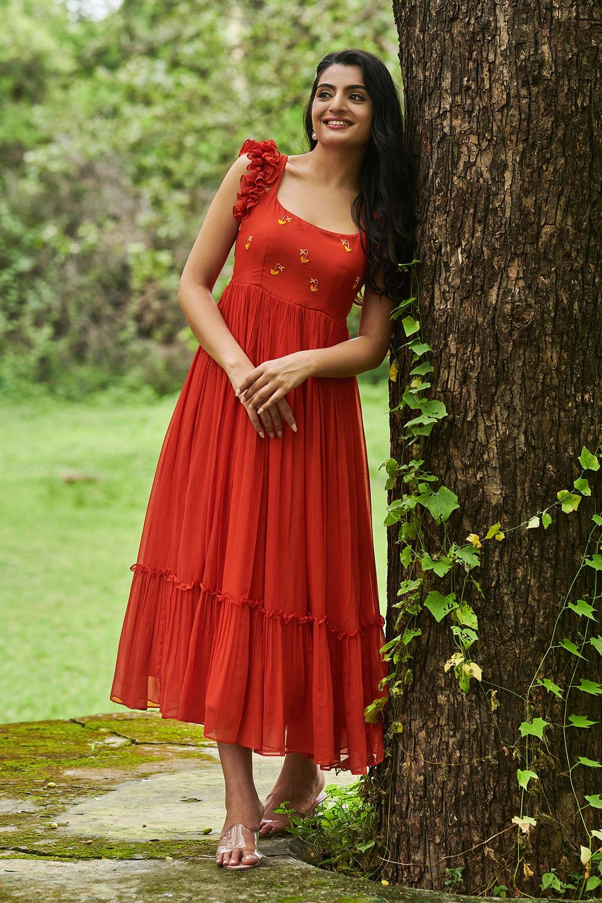 Carrot Georgette Orange Cotton Lining Midi Dress - Image 3