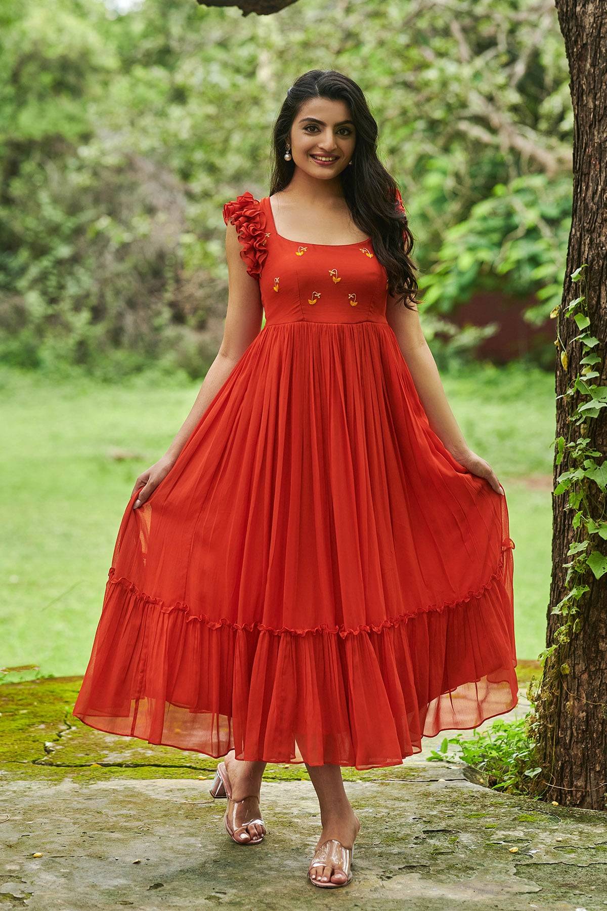 Carrot Georgette Orange Cotton Lining Midi Dress - Image 4