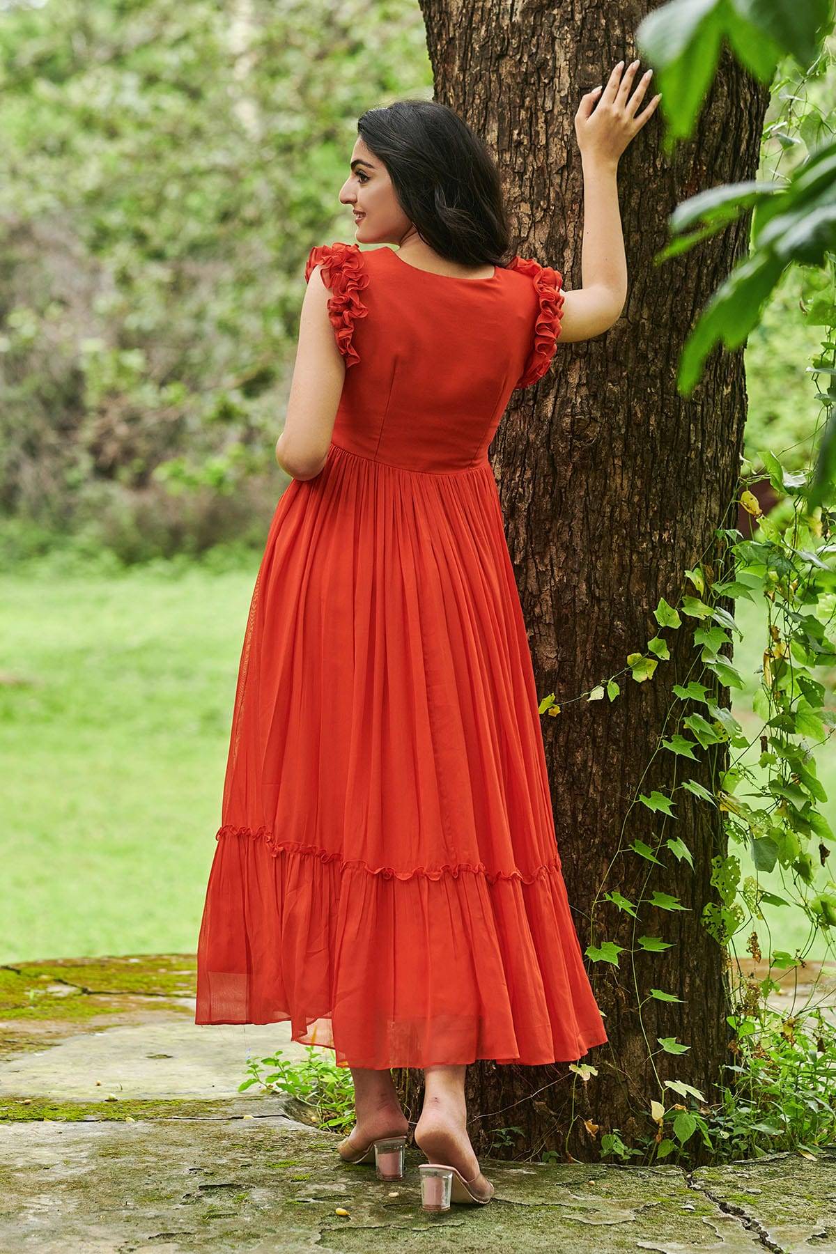 Carrot Georgette Orange Cotton Lining Midi Dress - Image 5