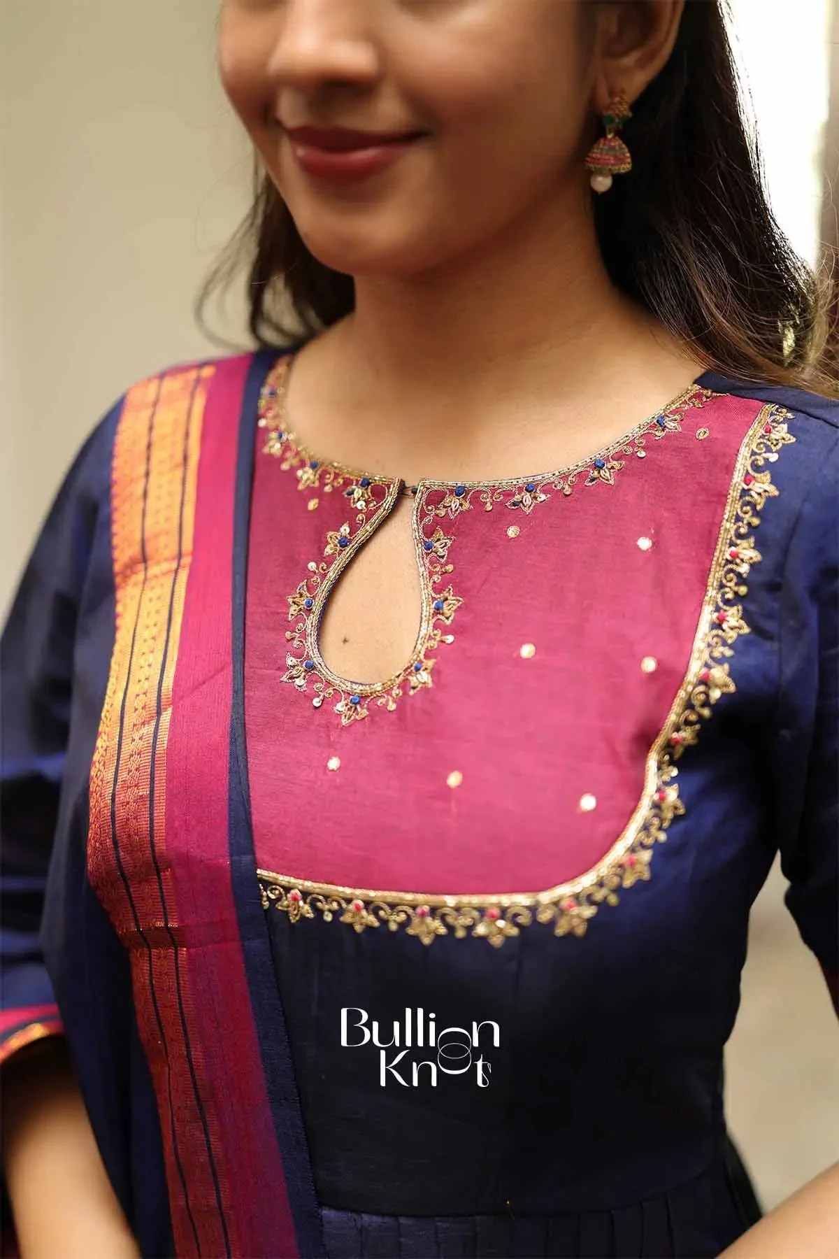 Chandrakala Royal Blue Handloom Anarkali Dress Set by Bullionknot - Image 3