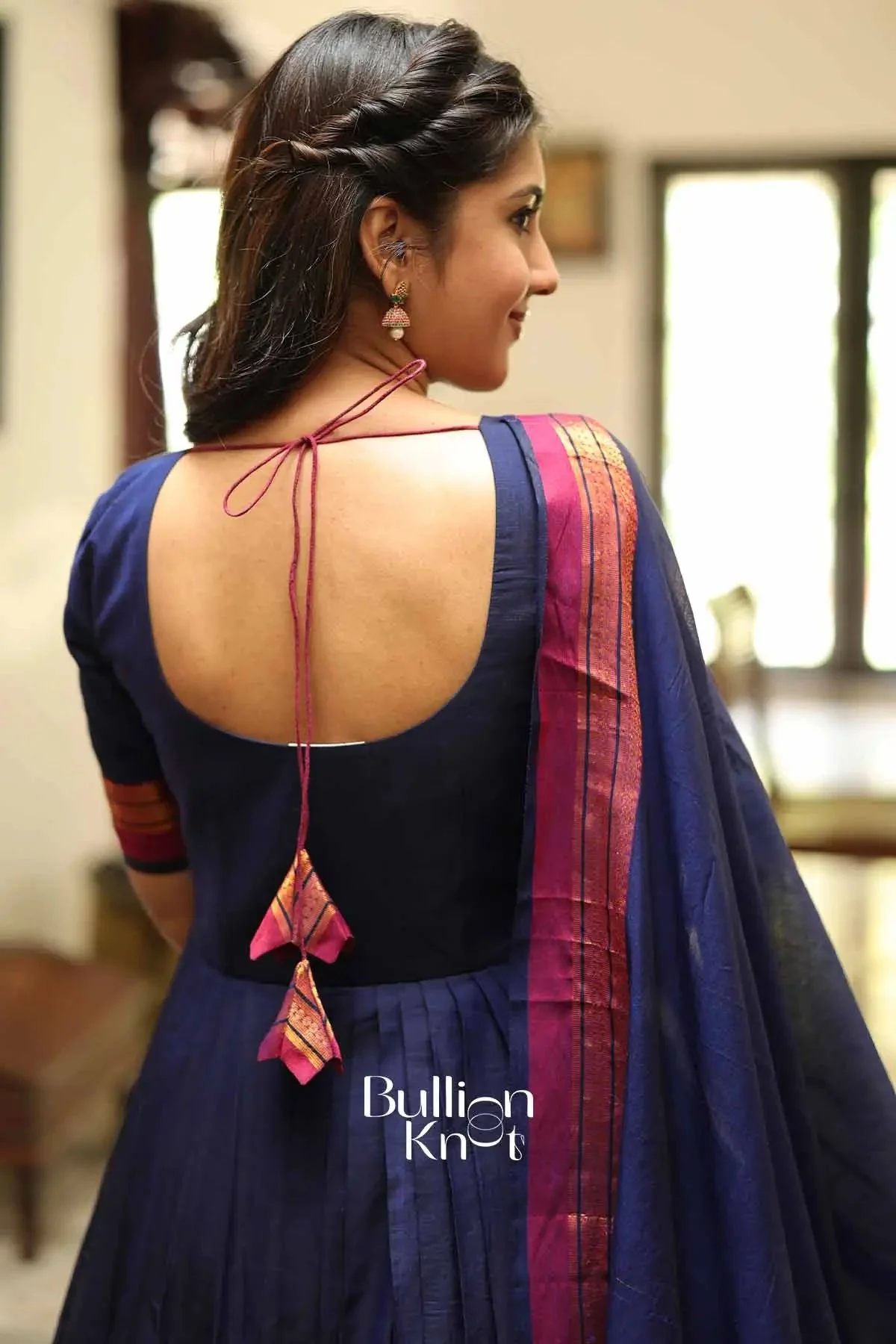 Chandrakala Royal Blue Handloom Anarkali Dress Set by Bullionknot - Image 4