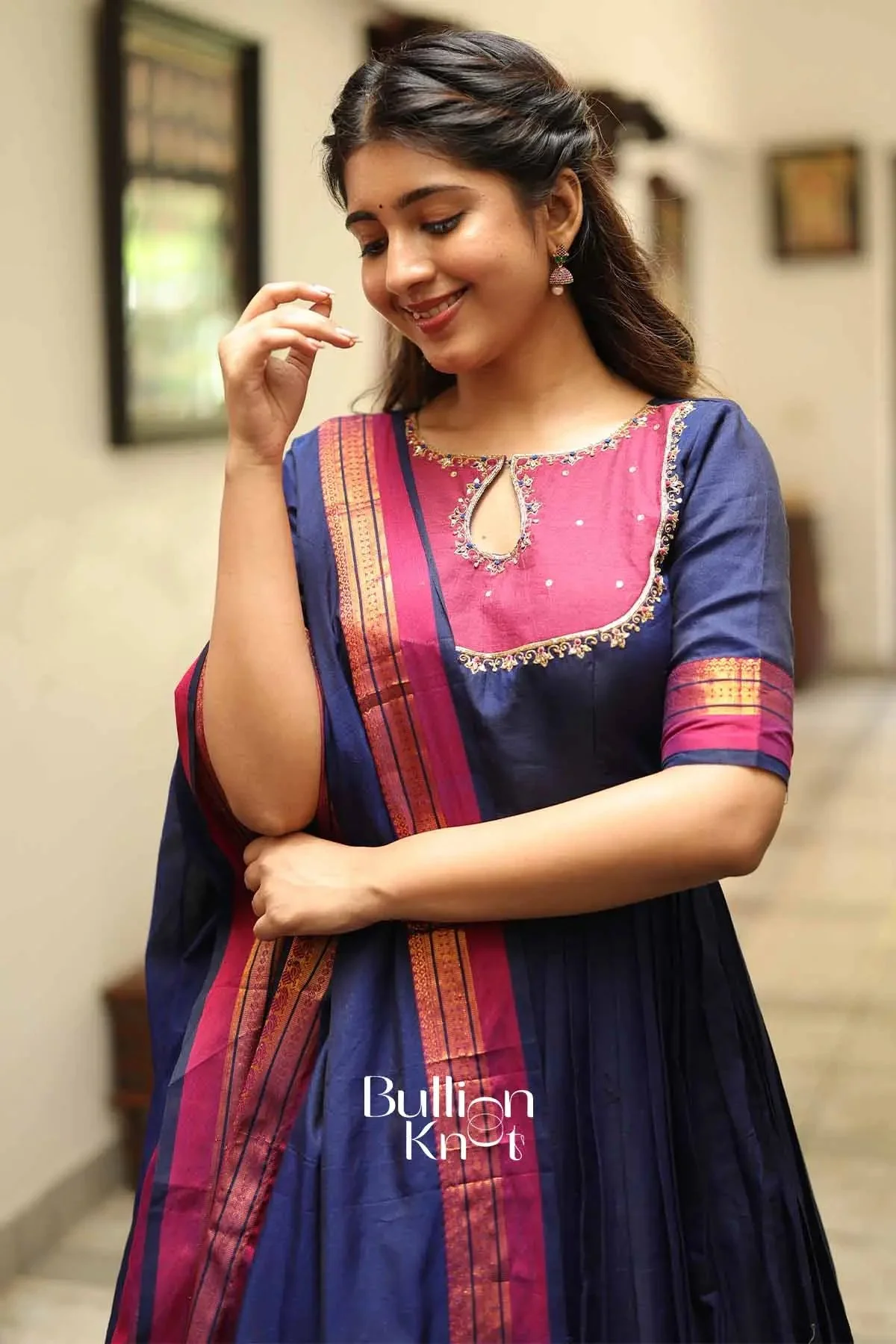 Chandrakala Royal Blue Handloom Anarkali Dress Set by Bullionknot - Image 5