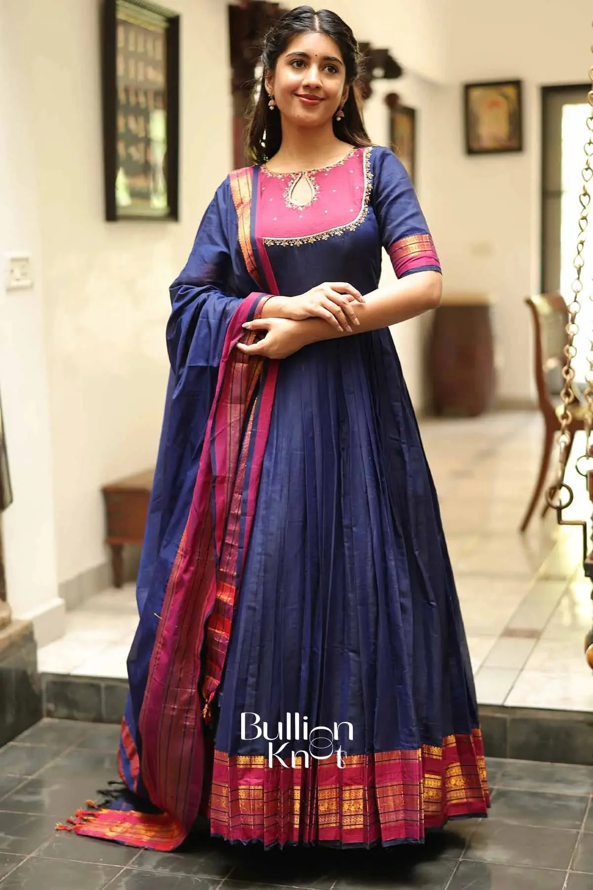 Chandrakala Royal Blue Handloom Anarkali Dress Set by Bullionknot - Image 6