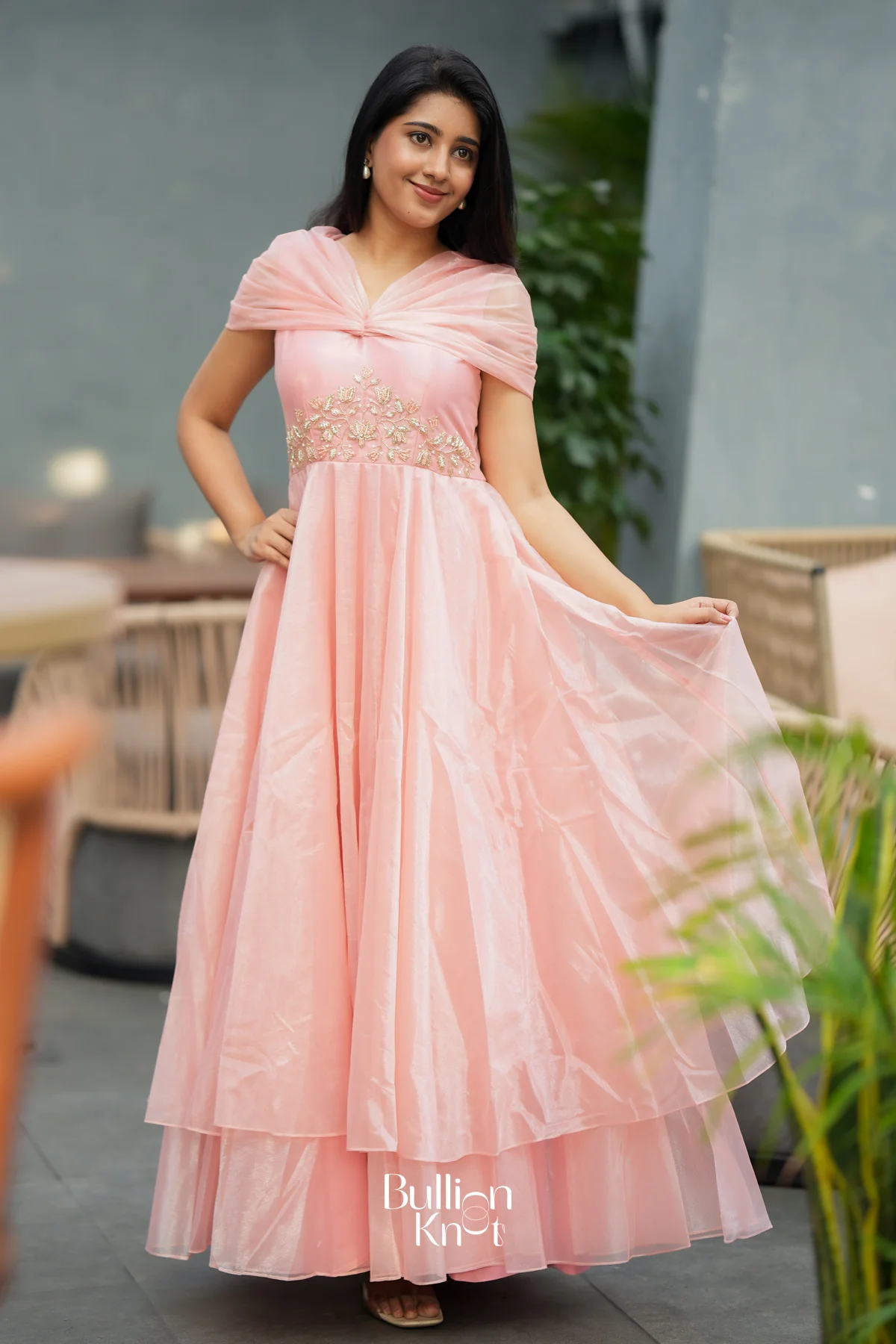 Cindrella Blush Pink Layered Umbrella Flare Maxi Dress - Image 4