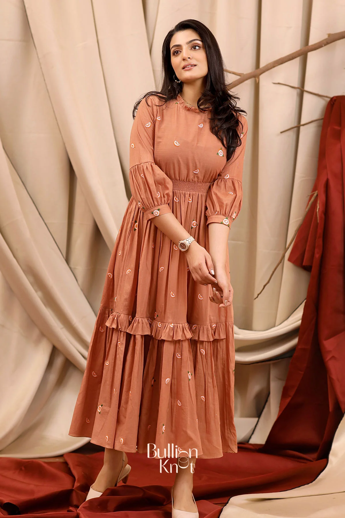 Colimbine Summer Rust Brown Cotton layer Midi Dress - Image 6