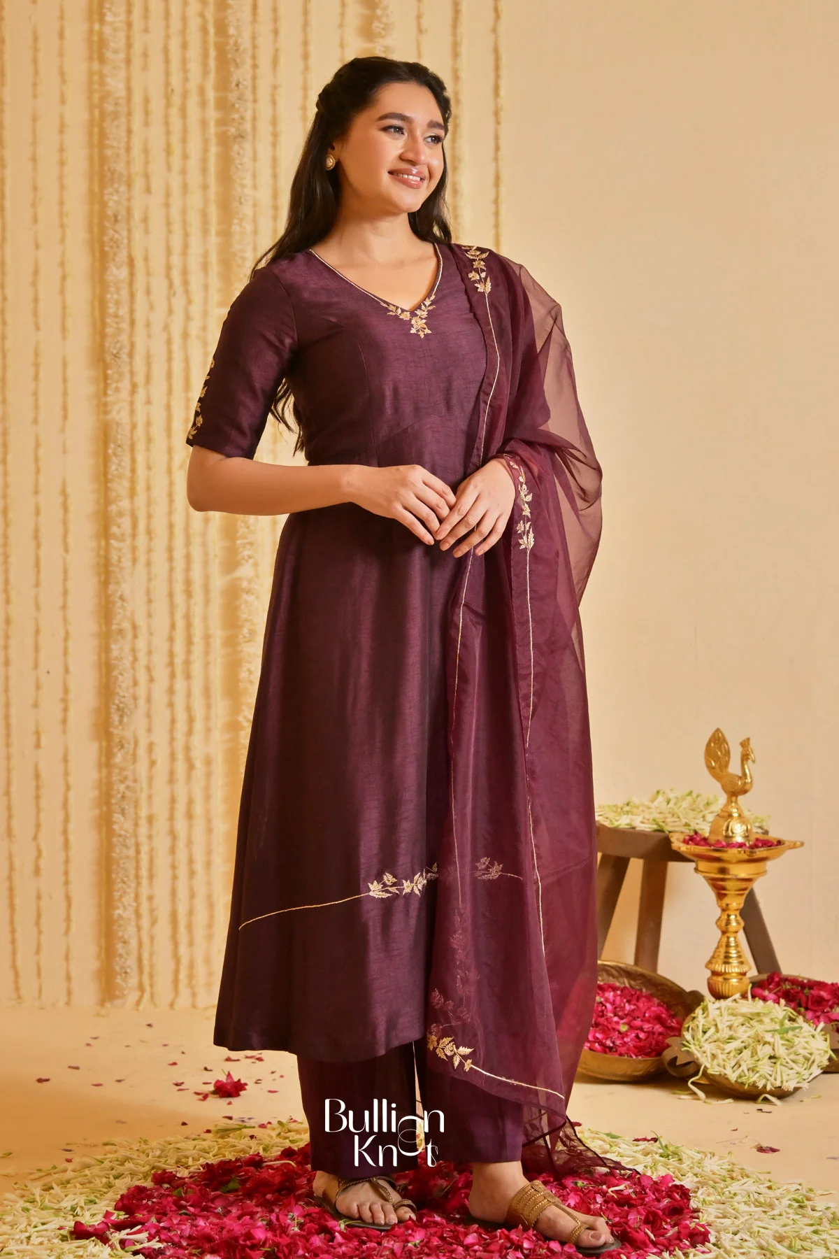 Deepvanika silk Brown Three-quarter Sleeves Suit Set (Dress) - Image 5