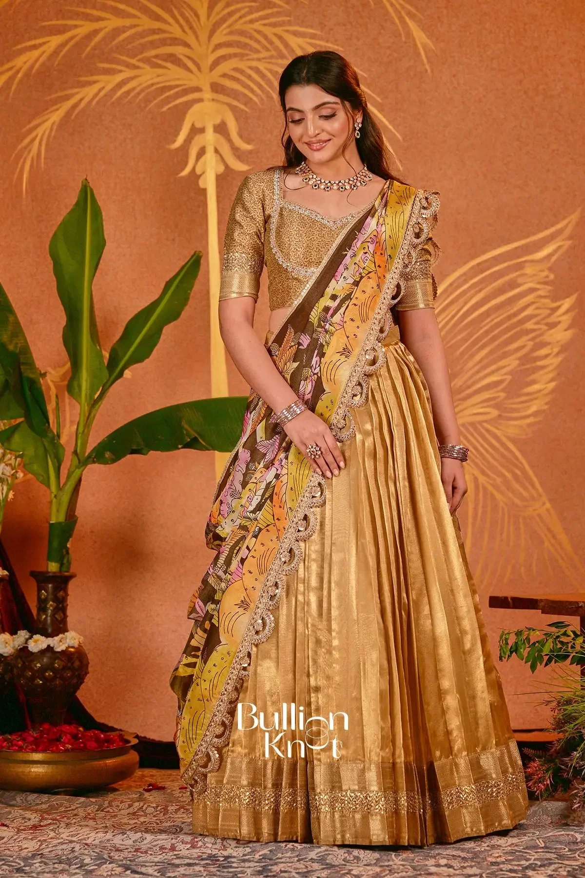Devki Golden Tissue Silk Kalamkari Lehenga Set - Image 4