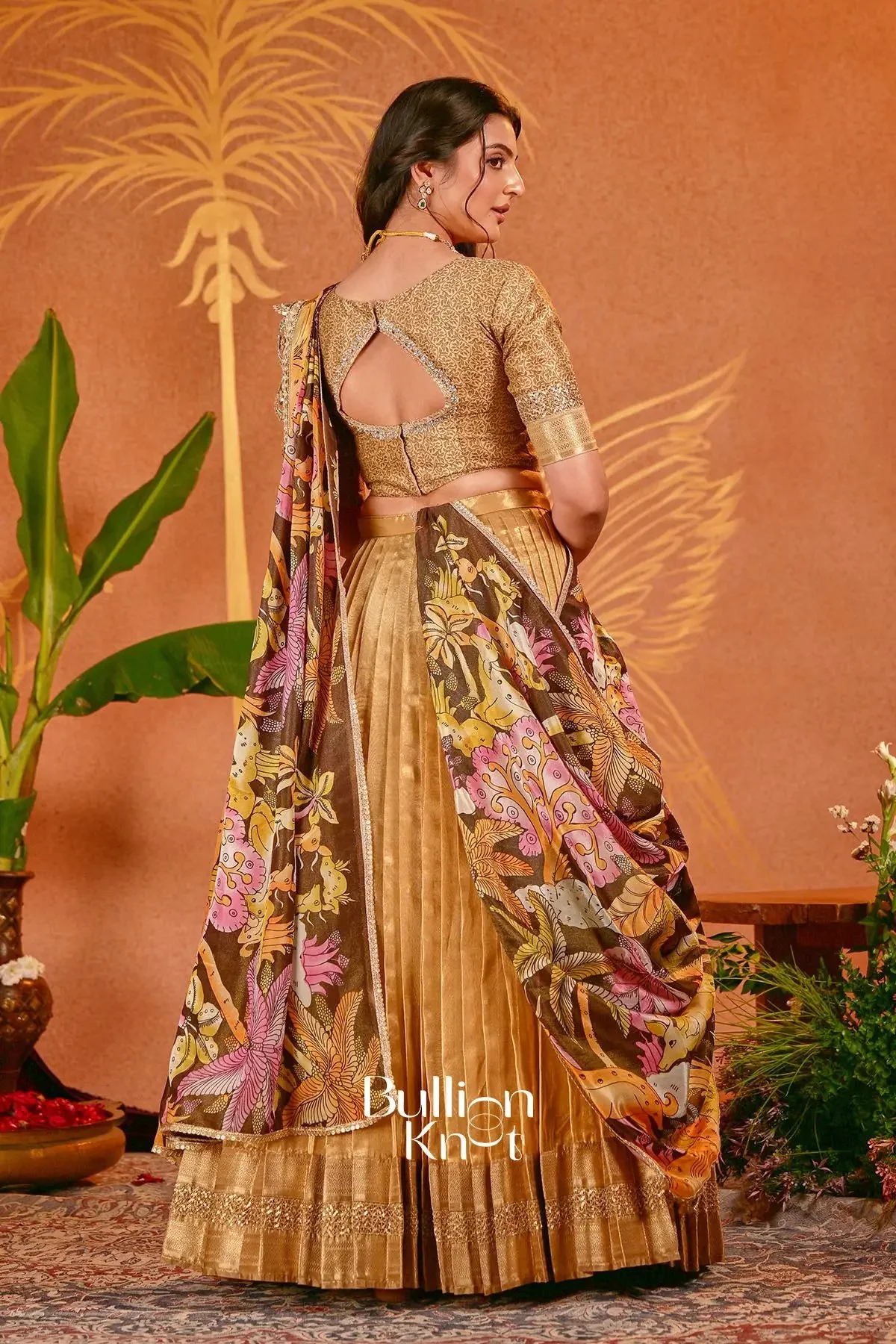 Devki Golden Tissue Silk Kalamkari Lehenga Set - Image 6