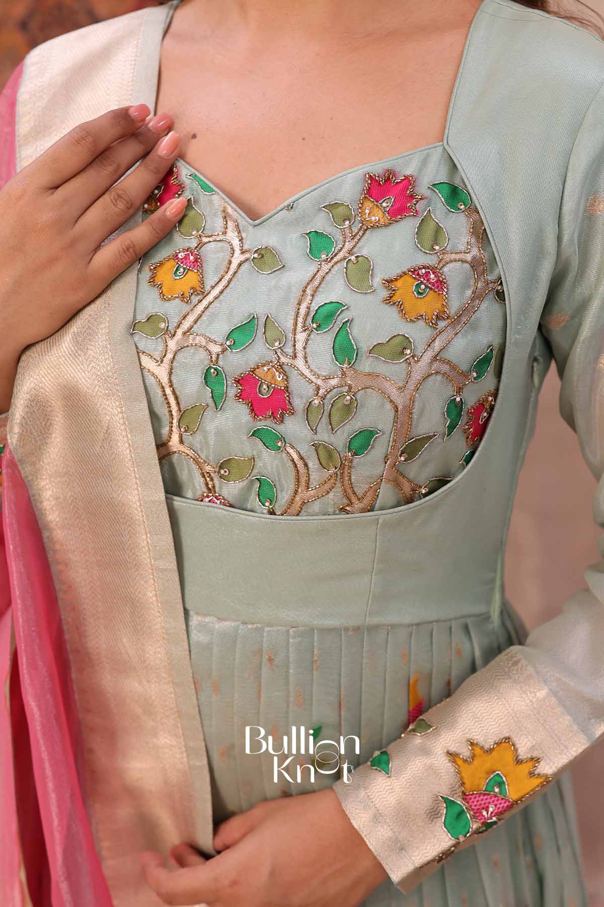 Durga | Sea Green Pattu Dress for Women | Festive Ethnic Wear Anarkali Suit - Image 3