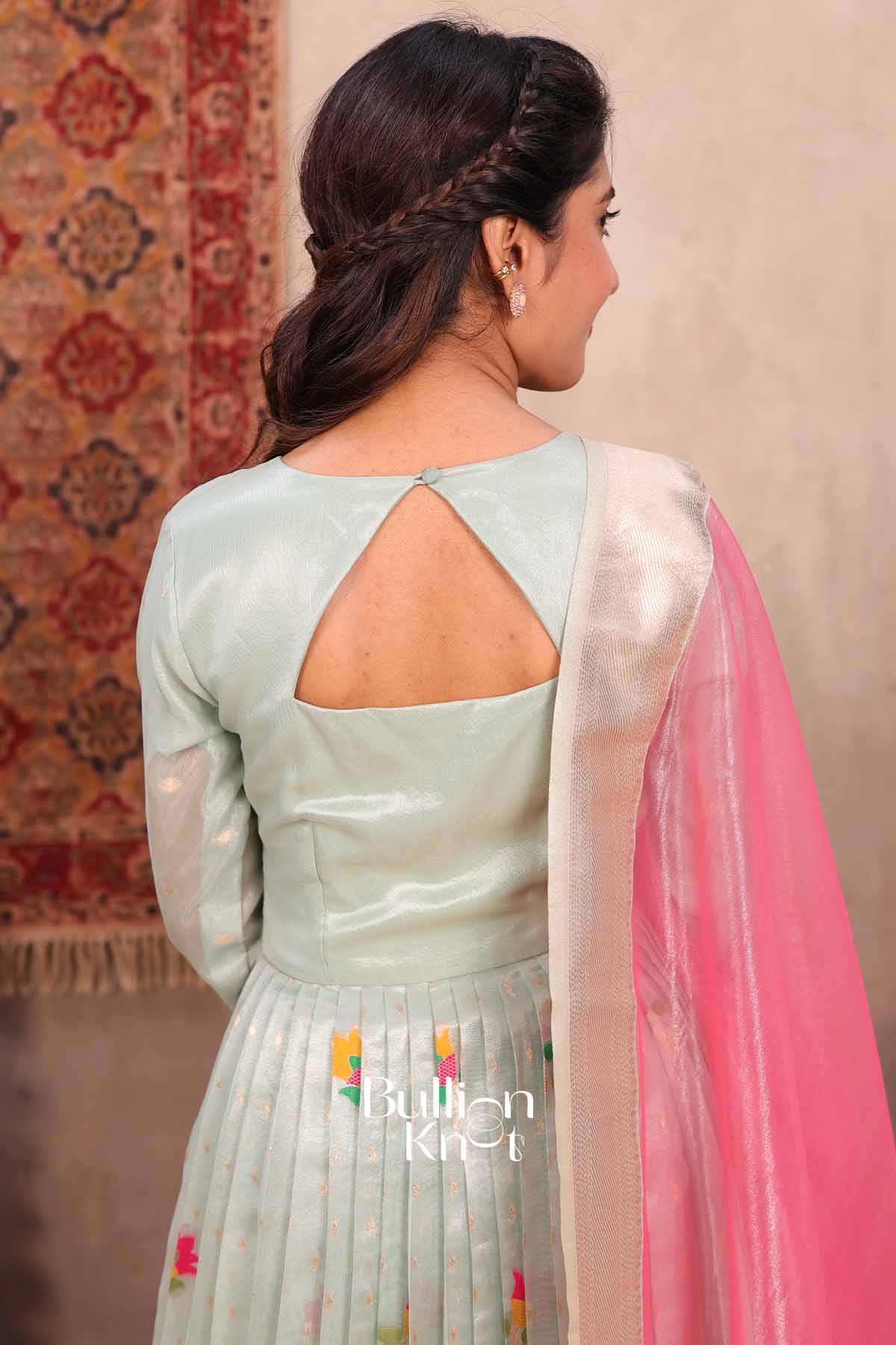 Durga | Sea Green Pattu Dress for Women | Festive Ethnic Wear Anarkali Suit - Image 4
