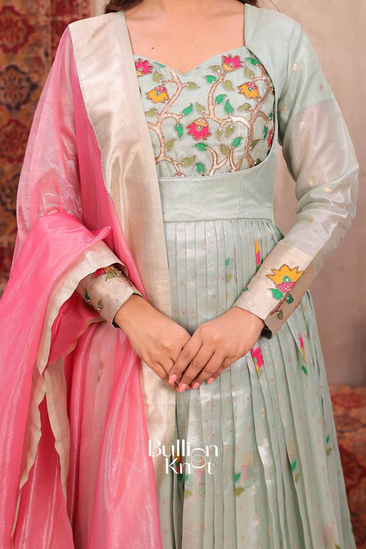 Durga | Sea Green Pattu Dress for Women | Festive Ethnic Wear Anarkali Suit - Image 5