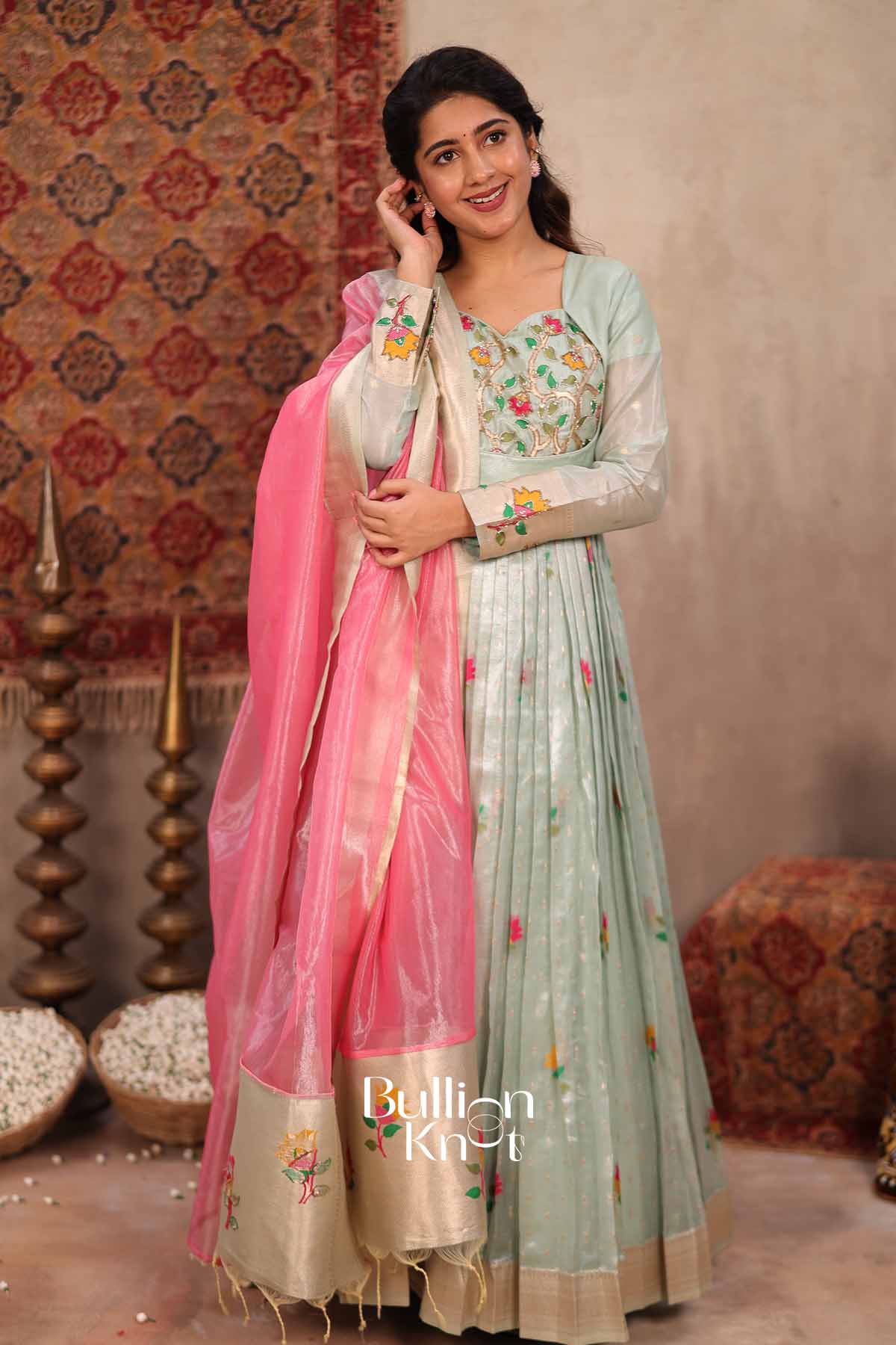 Durga | Sea Green Pattu Dress for Women | Festive Ethnic Wear Anarkali Suit - Image 6