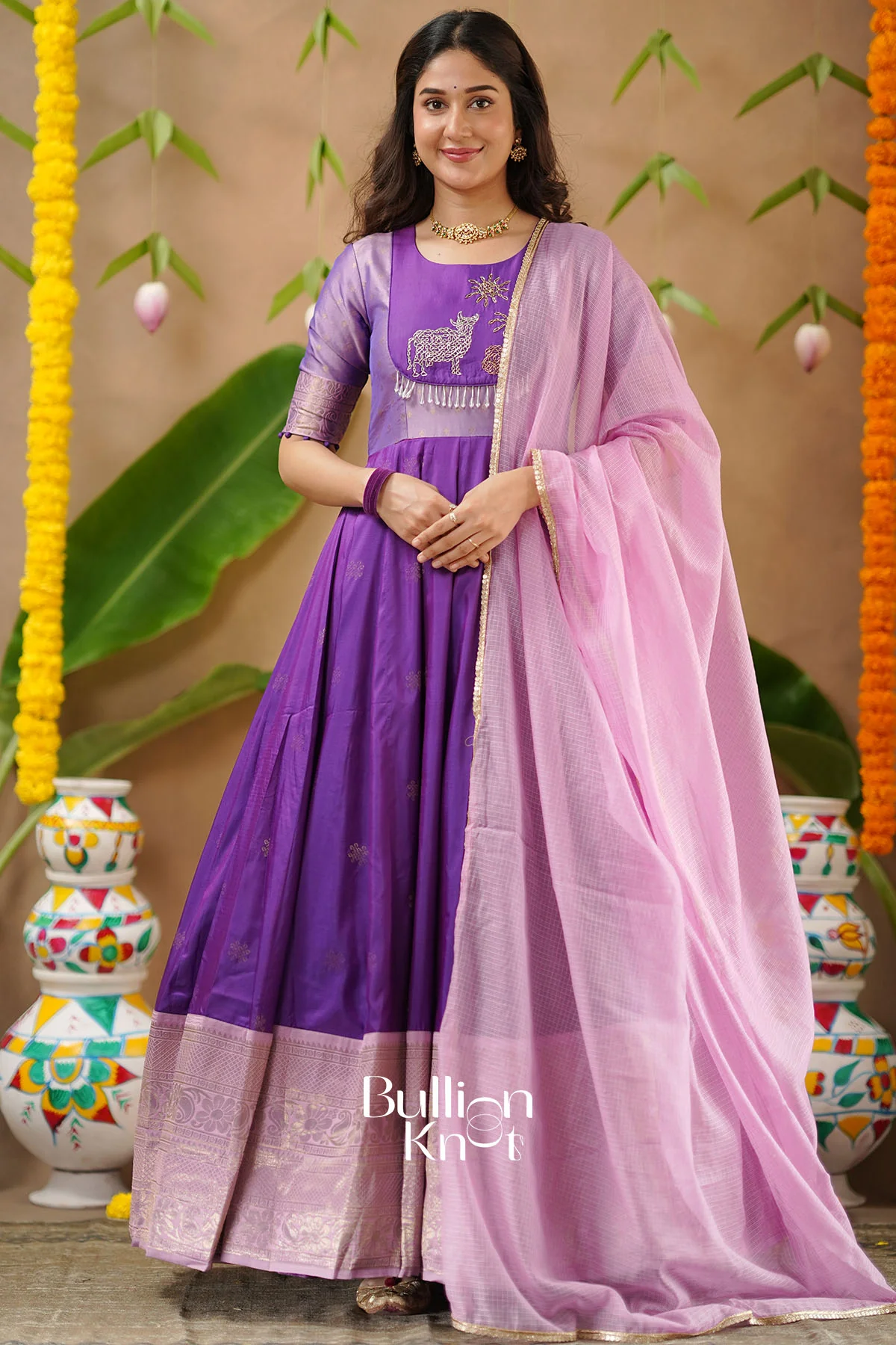 Gopika Soft Silk Anarkali Gown Dress in Lavender - Image 3