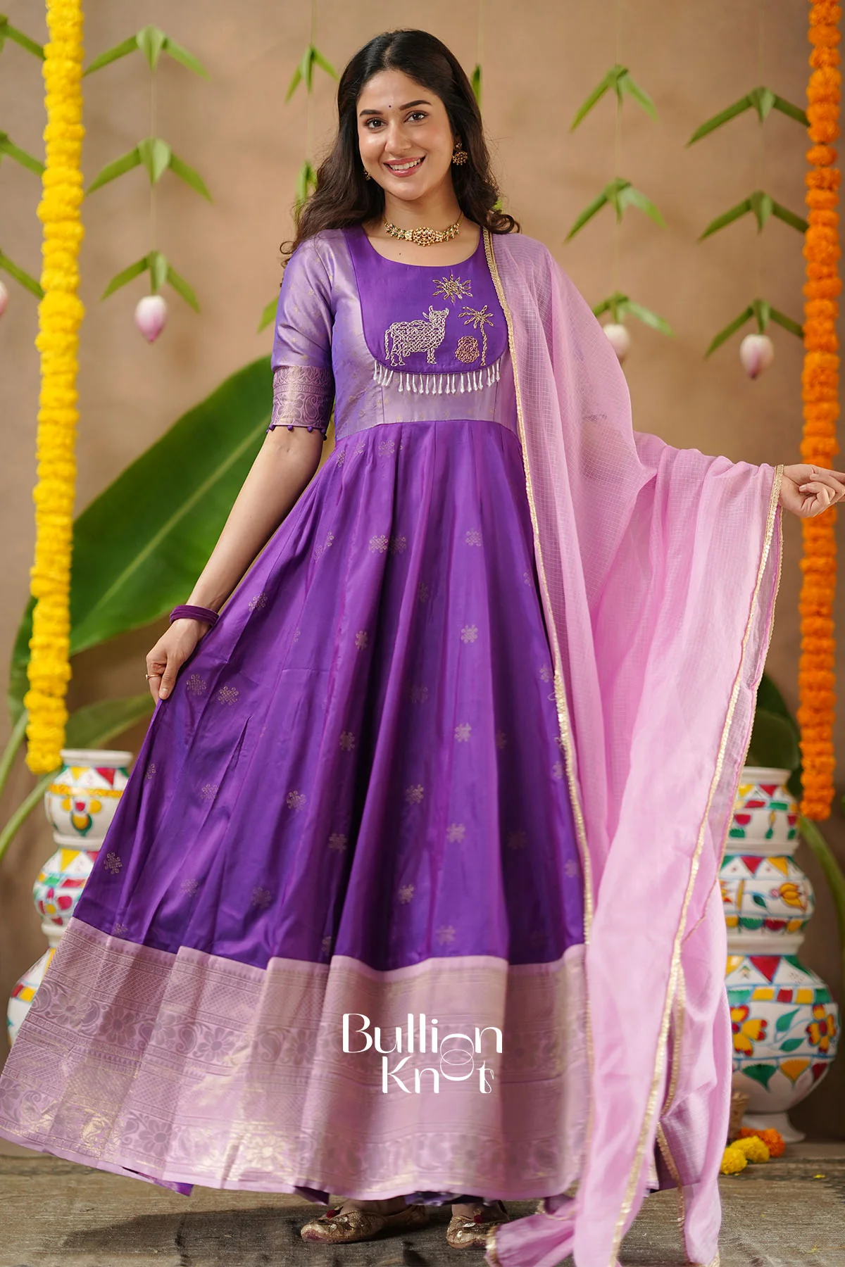 Gopika Soft Silk Anarkali Gown Dress in Lavender - Image 6