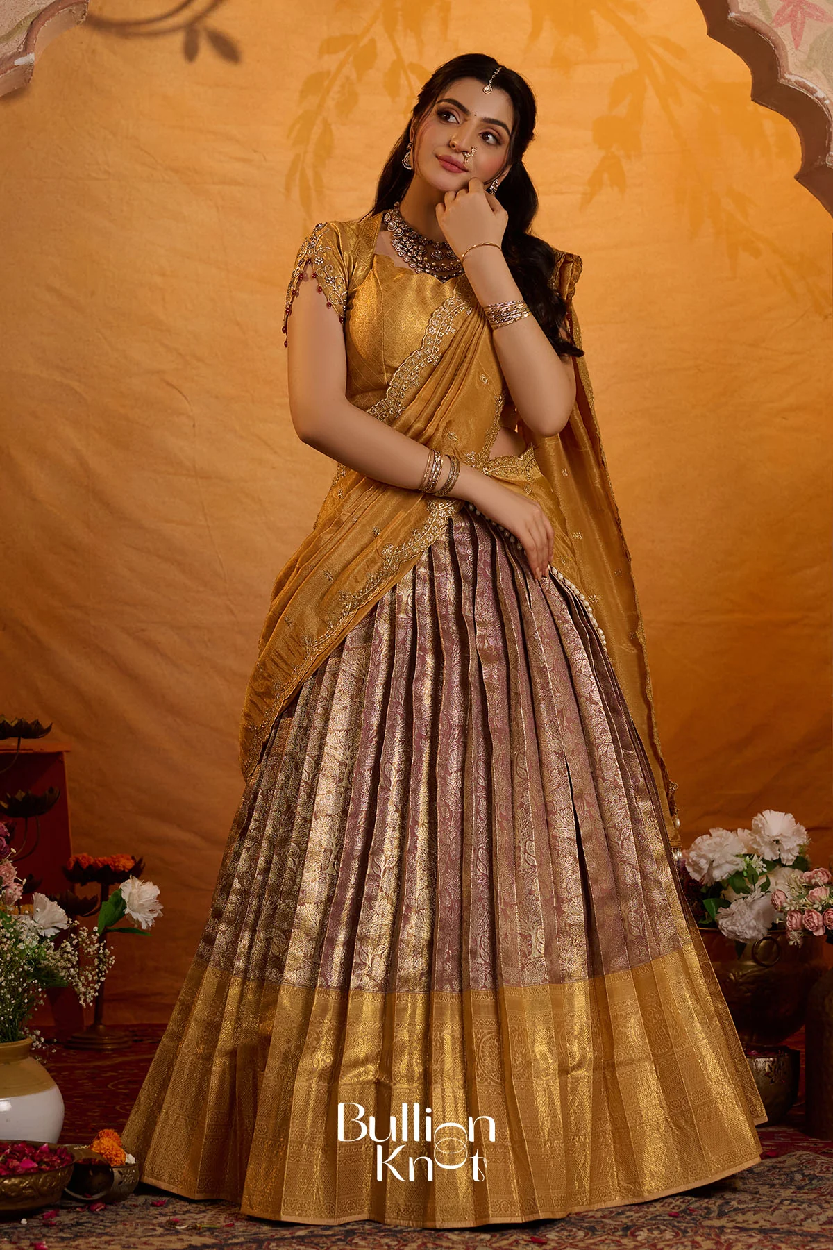 Hemanjali Banarasi Silk Lehenga Set in Golden for Festive Elegance - Image 7