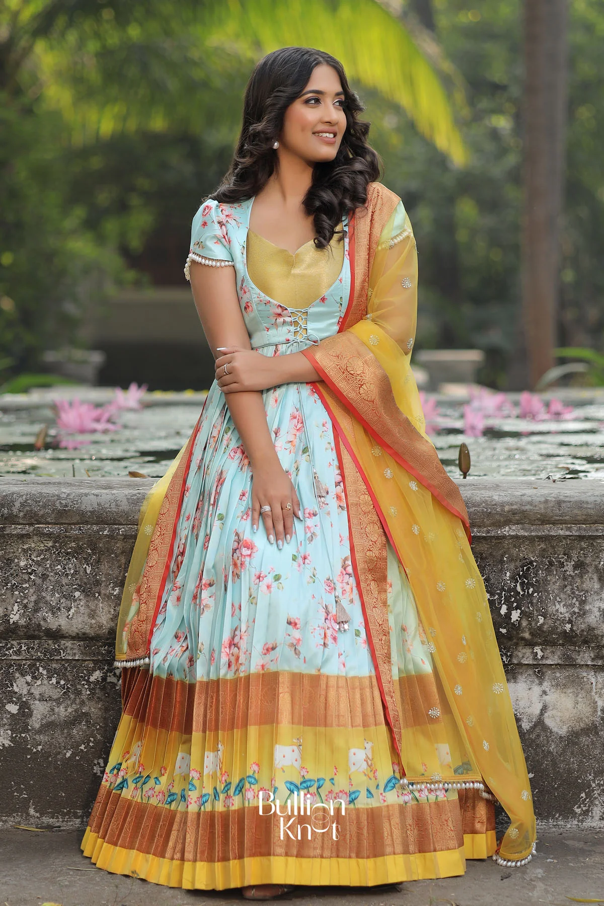 Iris Floral Pichwai Silk IceBlue Jacket Style Dress With Dupatta - Image 3