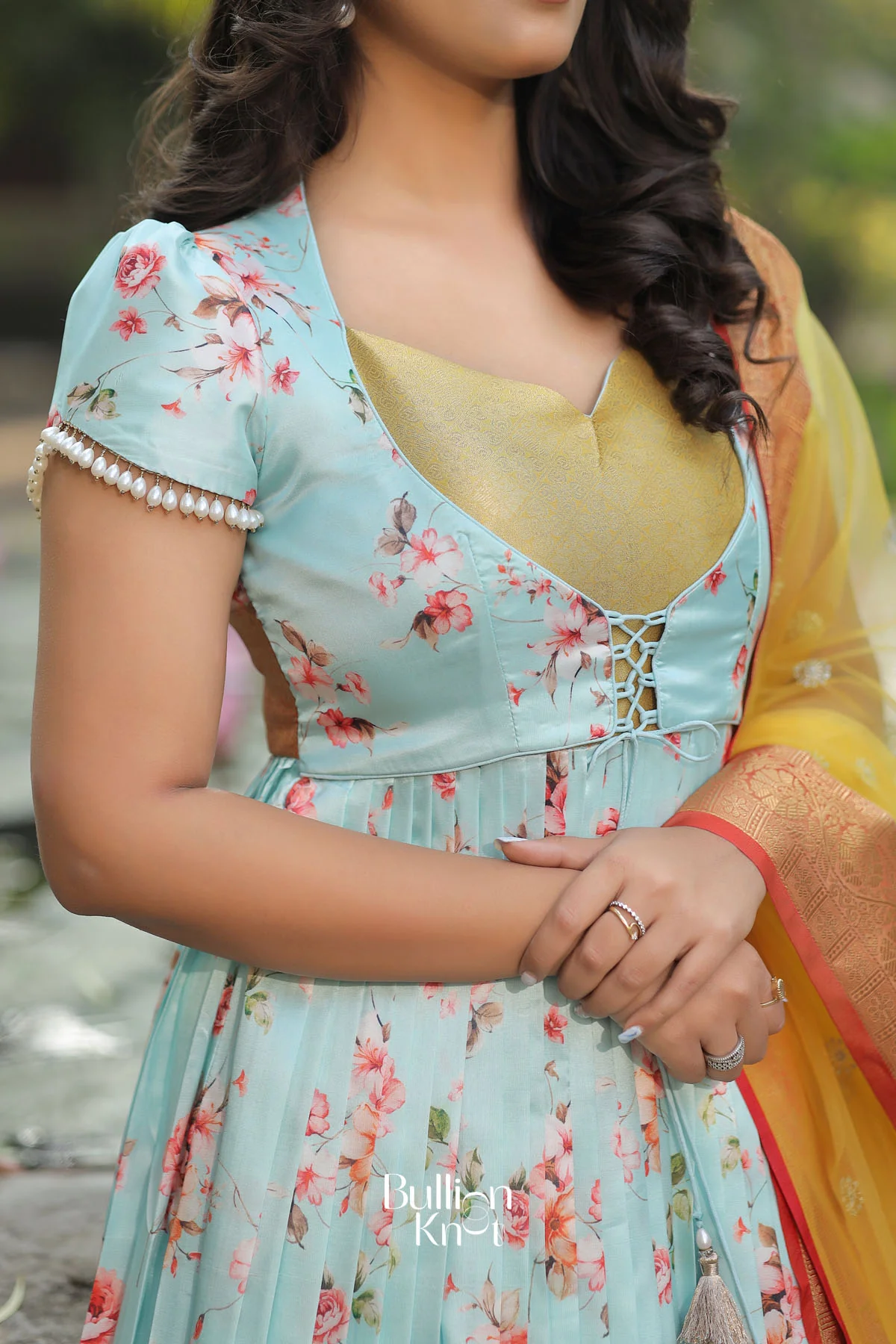Iris Floral Pichwai Silk IceBlue Jacket Style Dress With Dupatta - Image 4