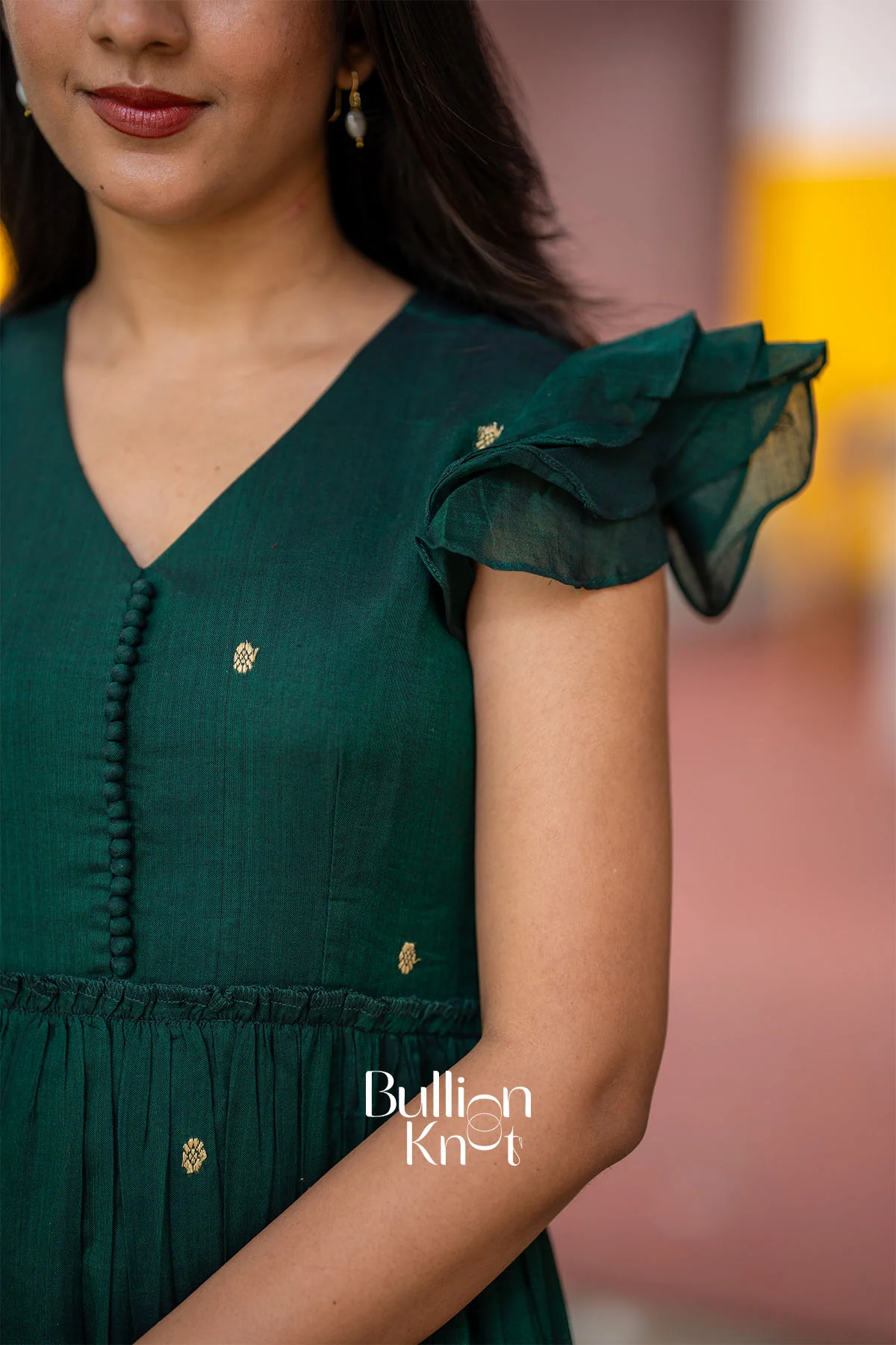 Ishani Handloom Midi Dress in Bottle Green - Image 3