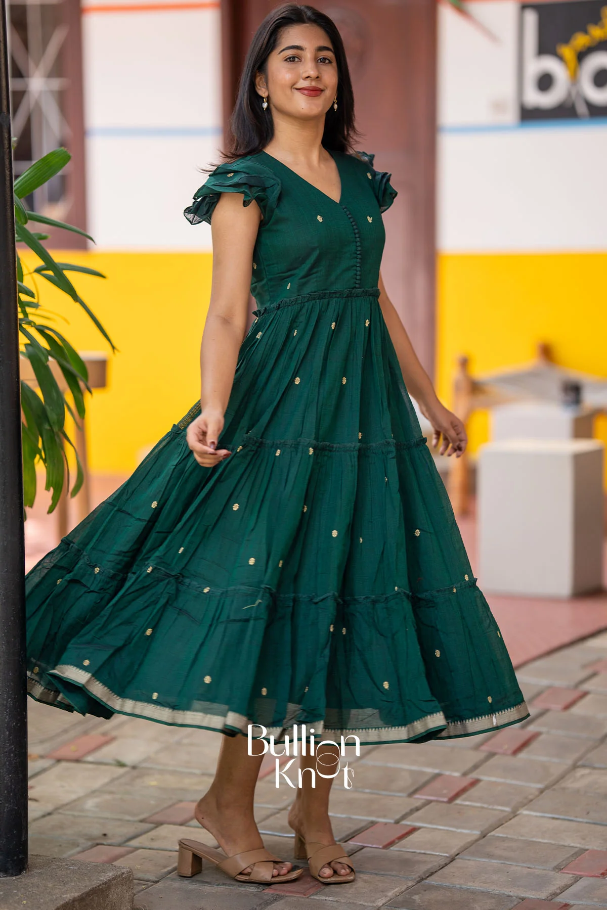 Ishani Handloom Midi Dress in Bottle Green - Image 4