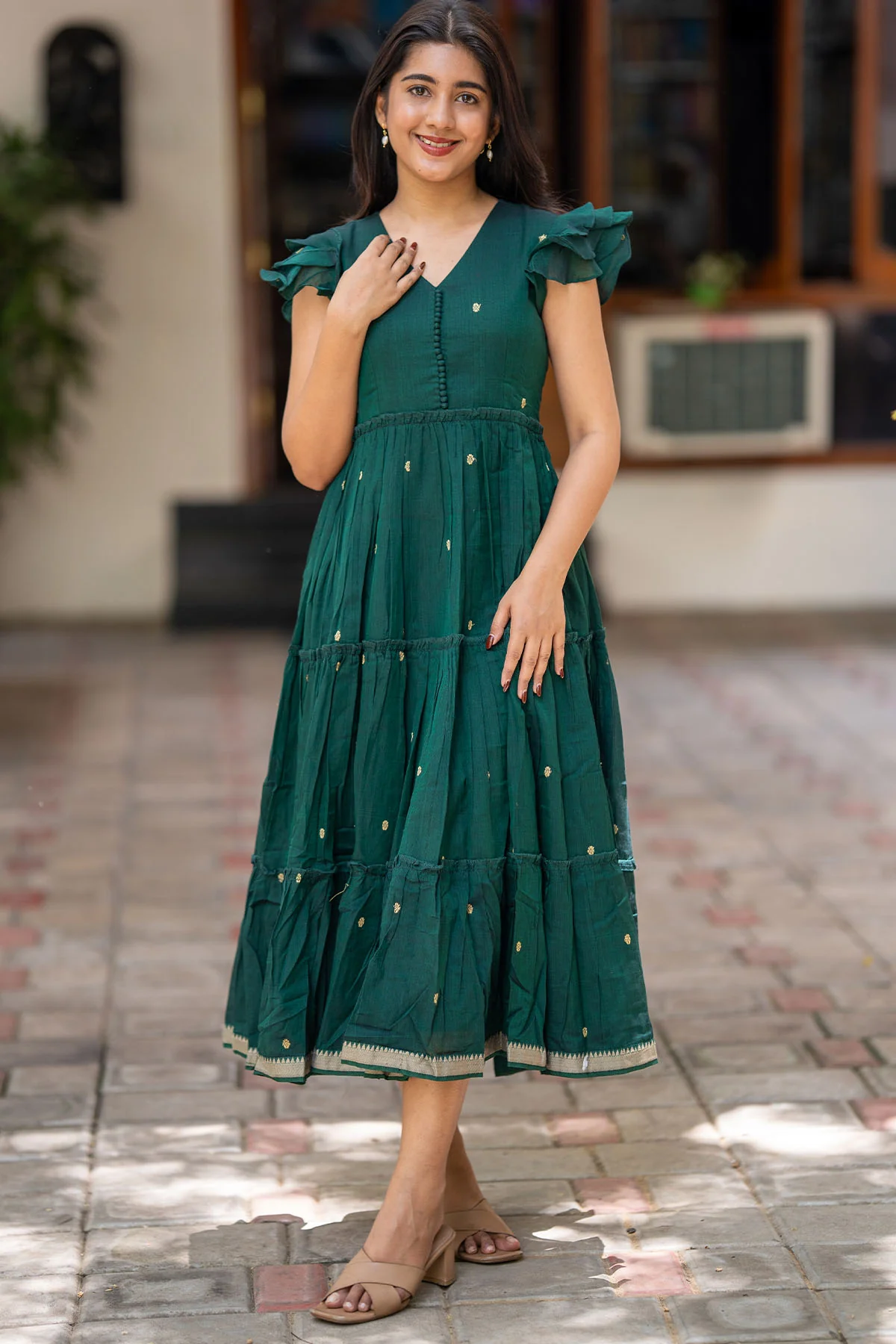 Ishani Handloom Midi Dress in Bottle Green - Image 6