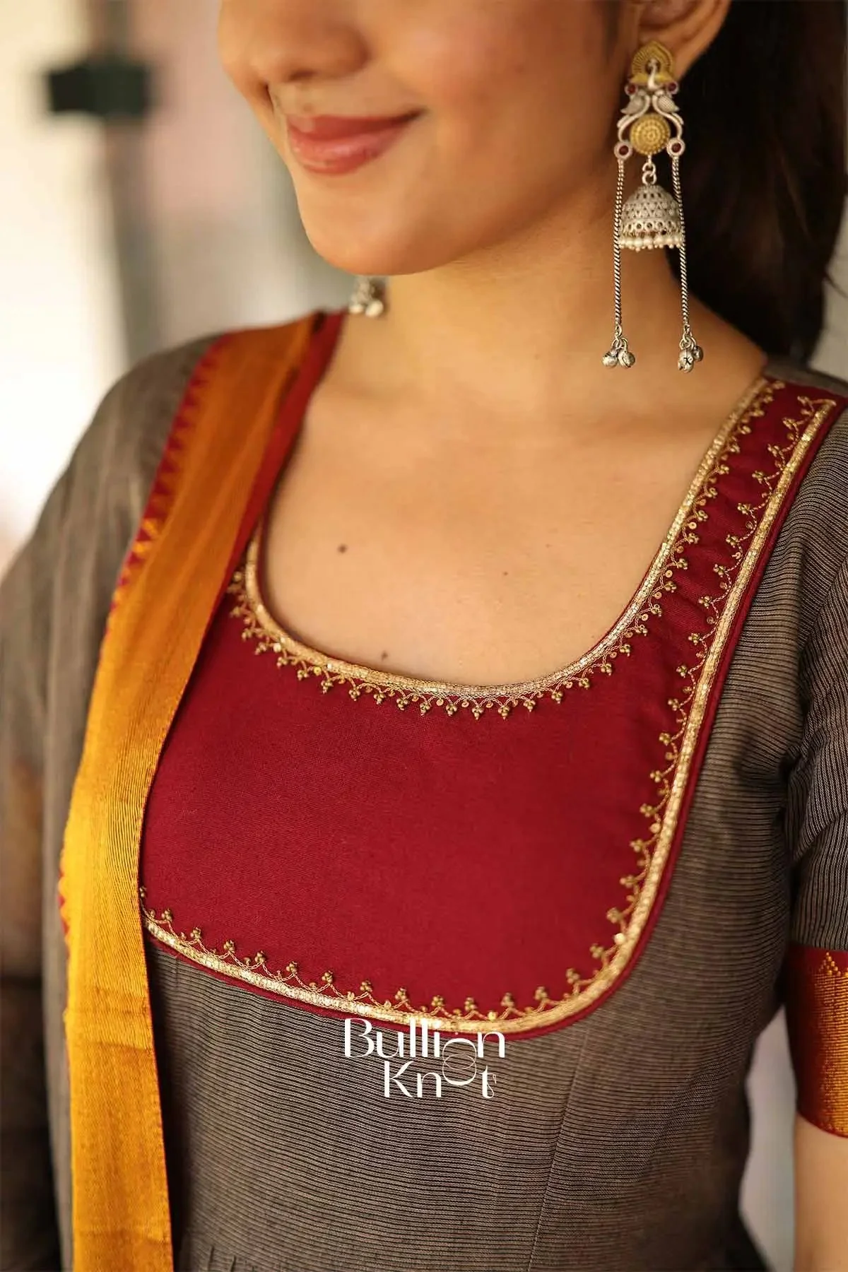 Keshwini Gray Handwoven Narayanpet Anarkali Dress - Image 3