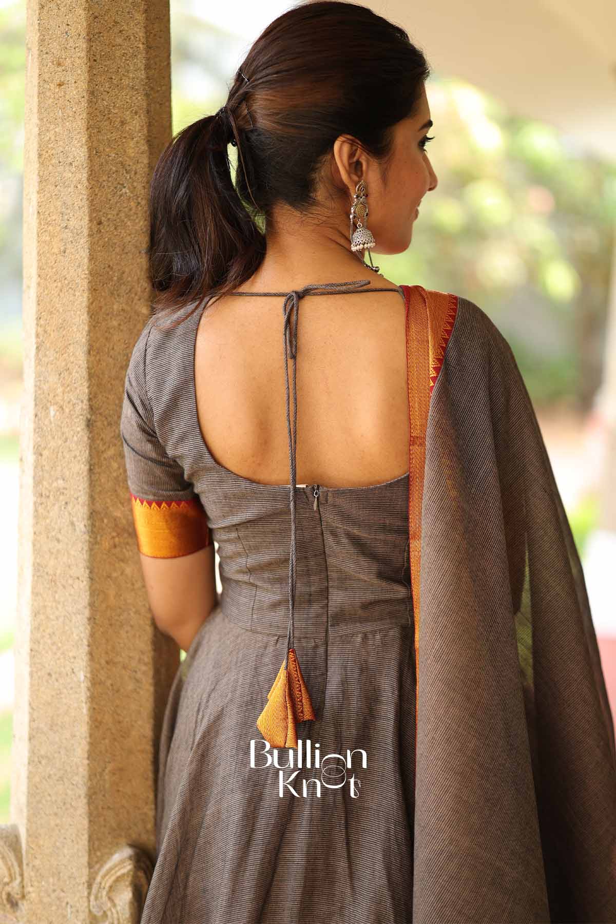 Keshwini Gray Handwoven Narayanpet Anarkali Dress - Image 4