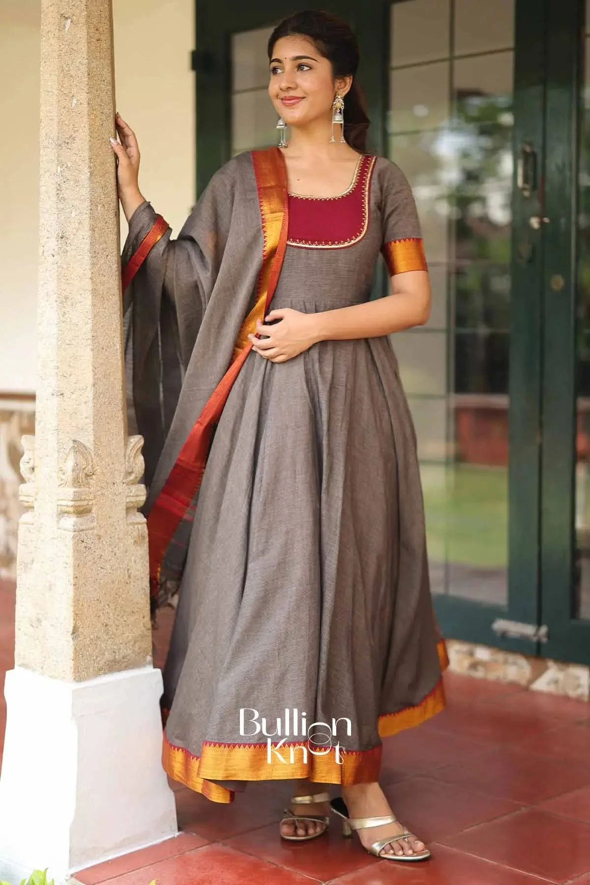 Keshwini Gray Handwoven Narayanpet Anarkali Dress - Image 5