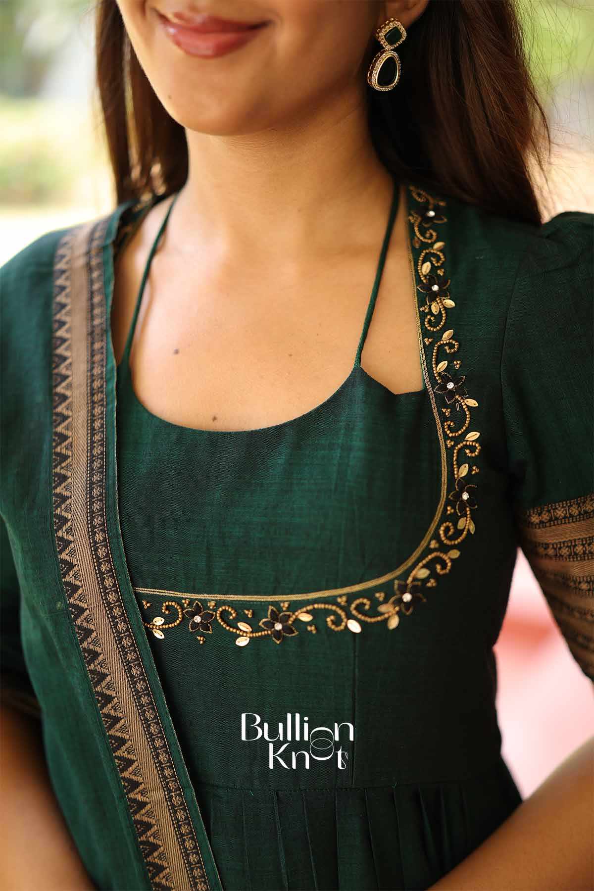 Khushi | Emerald Green Handloom Anarkali Dress Set from Bullionknot - Image 3