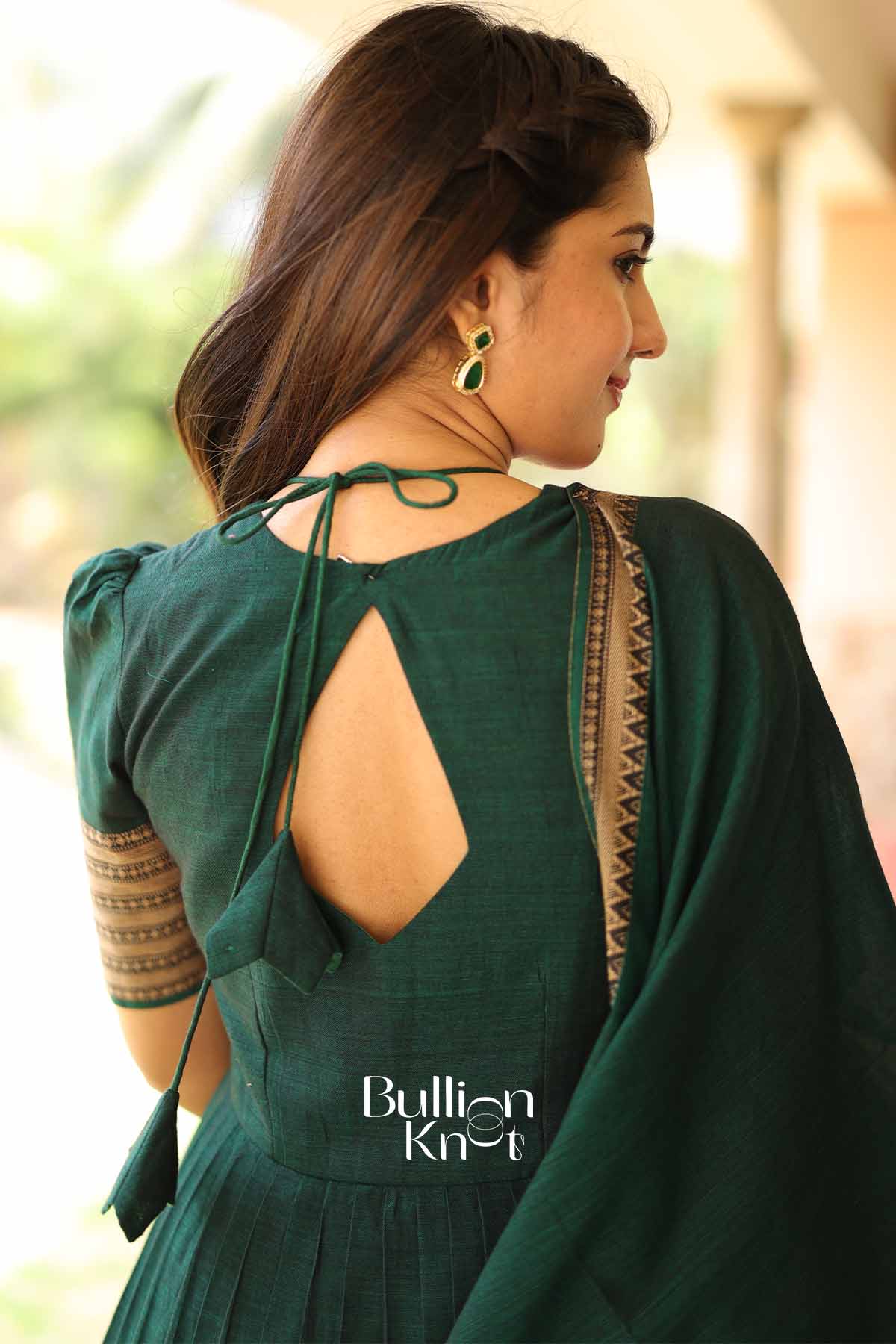 Khushi | Emerald Green Handloom Anarkali Dress Set from Bullionknot - Image 4