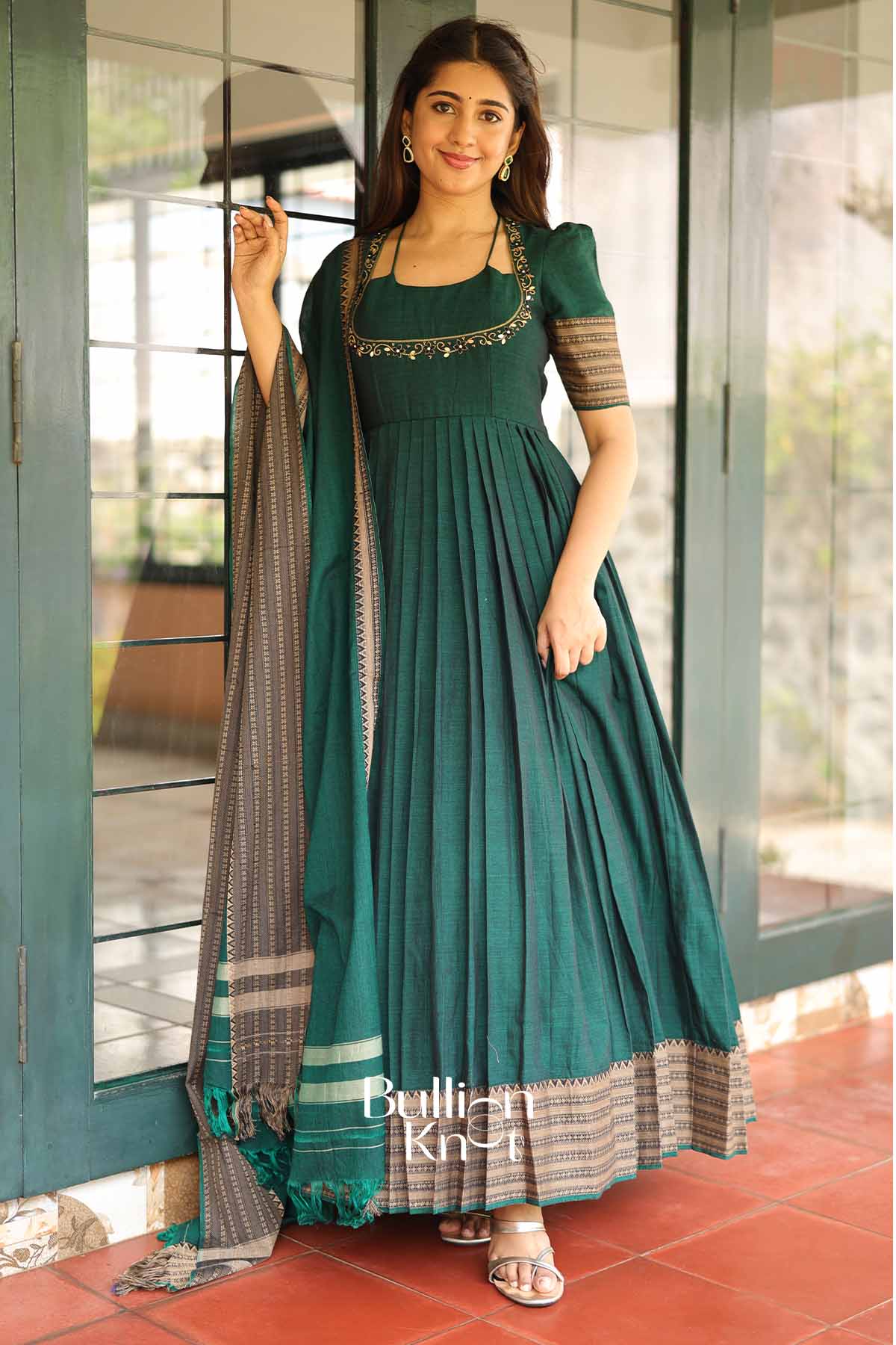 Khushi | Emerald Green Handloom Anarkali Dress Set from Bullionknot - Image 5