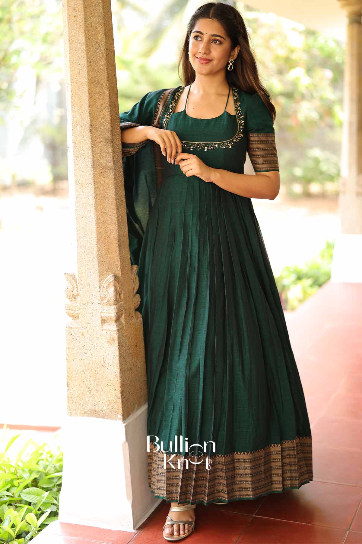 Khushi | Emerald Green Handloom Anarkali Dress Set from Bullionknot - Image 6