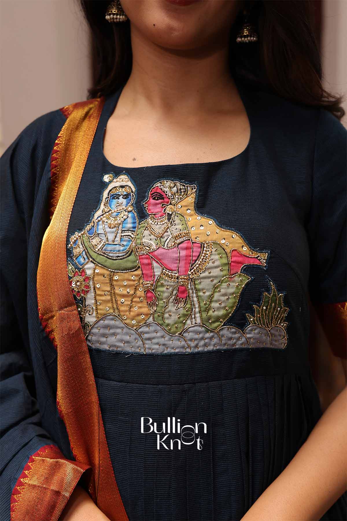 Krishnavi Navy Blue Handloom Anarkali Dress for Elegant Occasions - Image 3