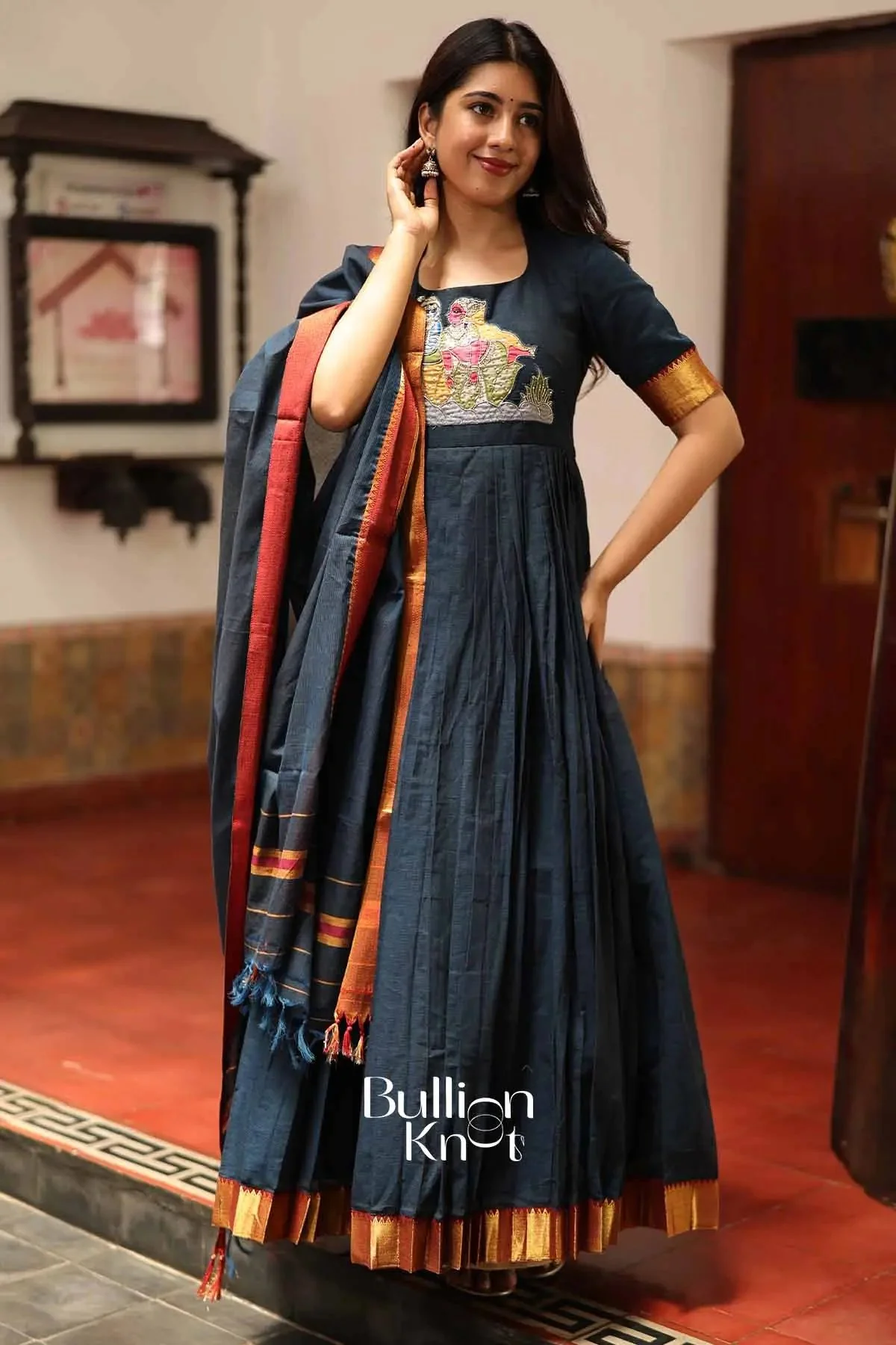 Krishnavi Navy Blue Handloom Anarkali Dress for Elegant Occasions - Image 5