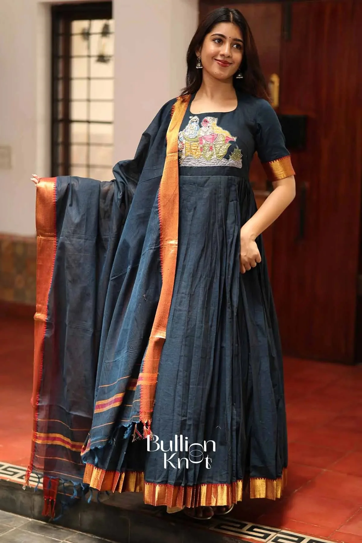 Krishnavi Navy Blue Handloom Anarkali Dress for Elegant Occasions - Image 6