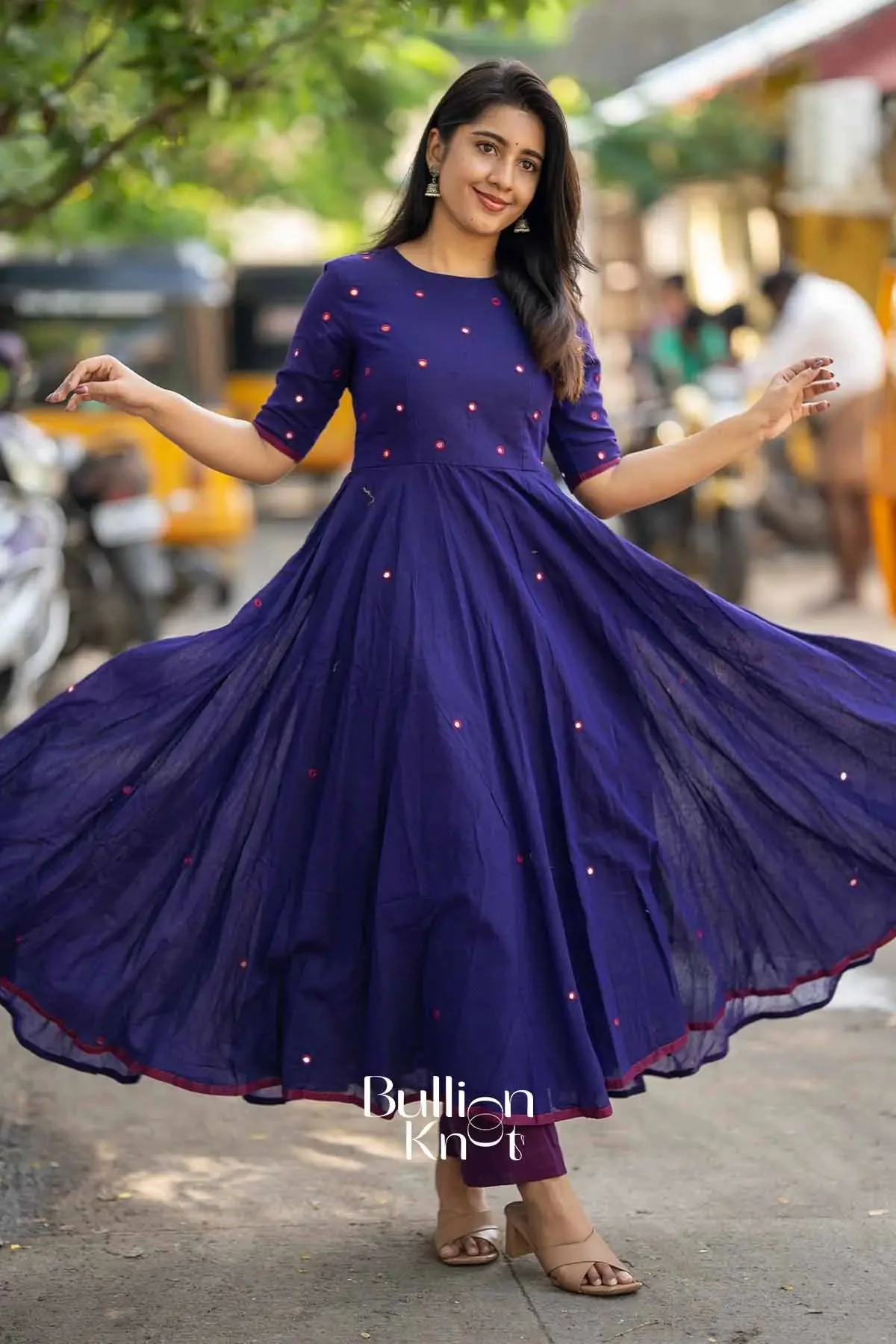 Kumari Blue Handloom Anarkali Dress with Mirror Work - Image 4