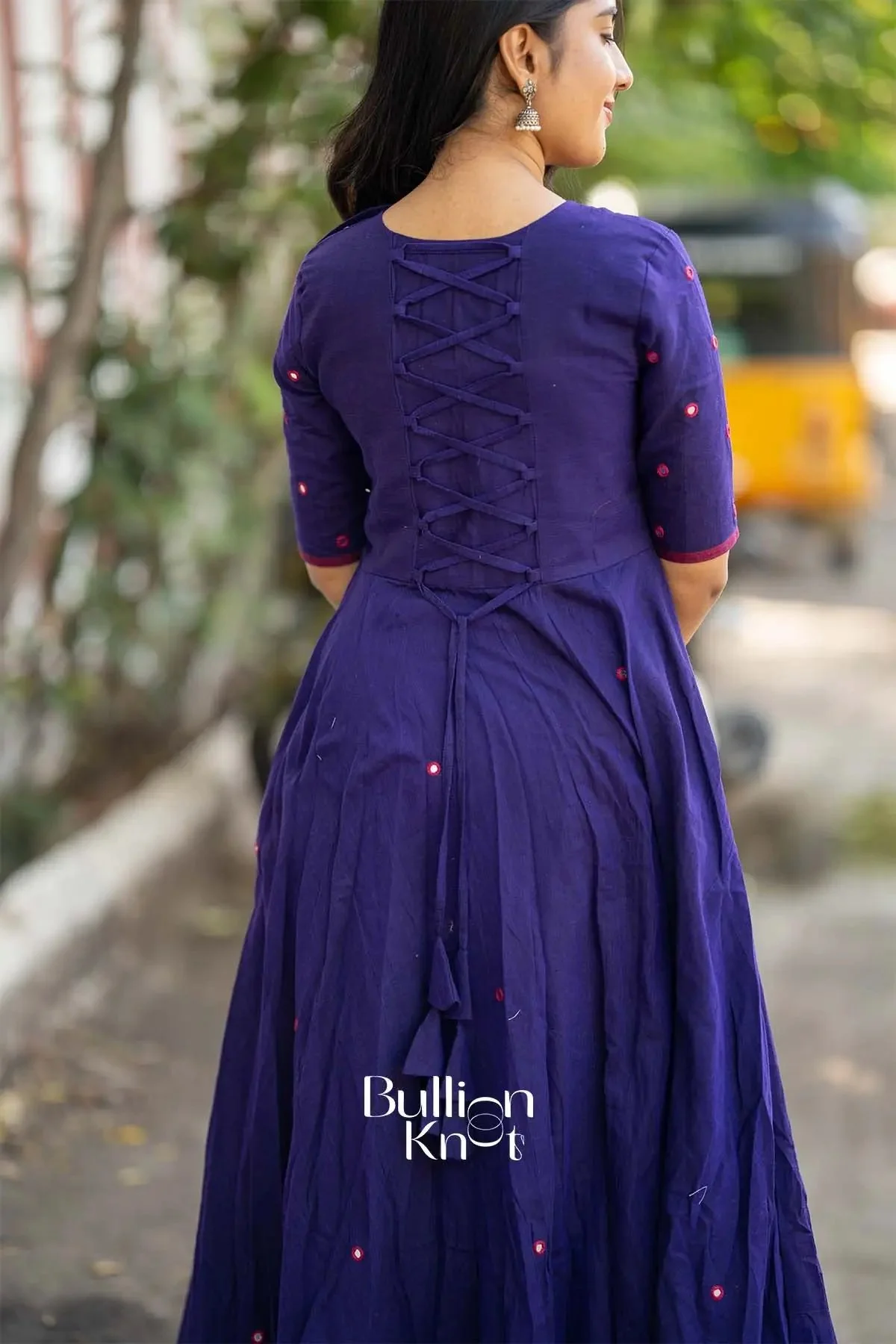 Kumari Blue Handloom Anarkali Dress with Mirror Work - Image 5