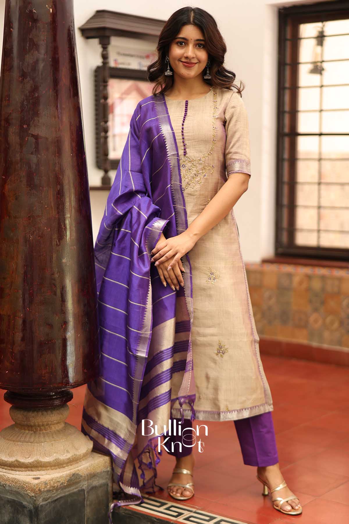 Pankti Manglagiri Cotton Gray and Purple Suit Set - Image 3