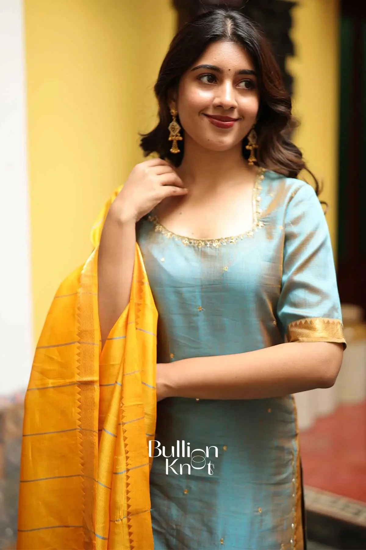 Lagoon Teal Mangalgiri Pattu suit set with Dupatta - Image 4