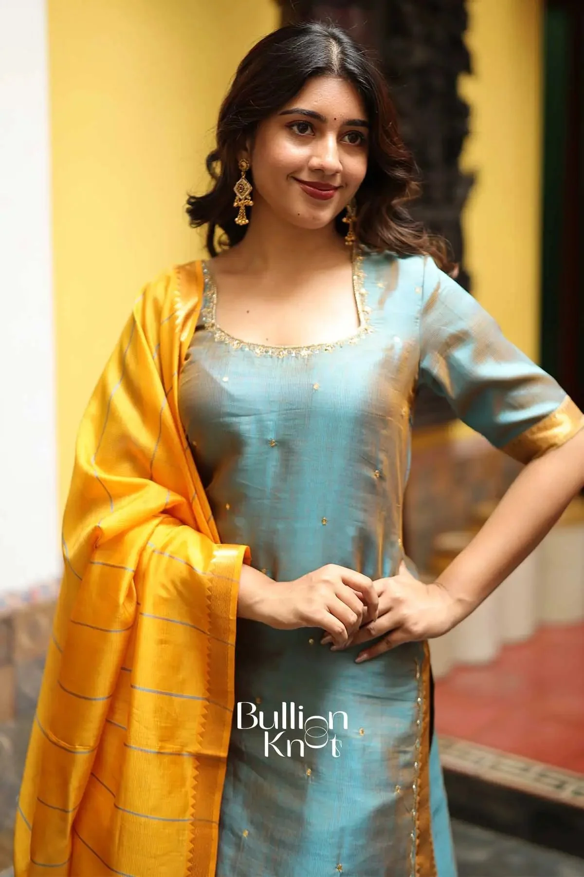 Lagoon Teal Mangalgiri Pattu suit set with Dupatta - Image 6