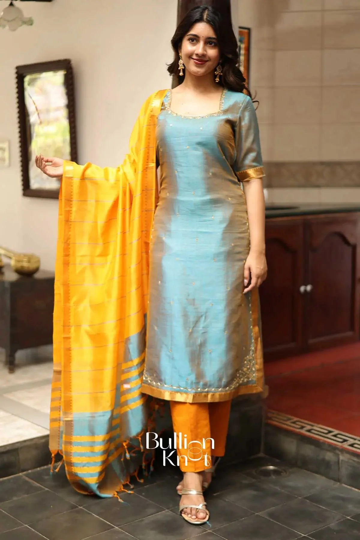 Lagoon Teal Mangalgiri Pattu suit set with Dupatta - Image 7