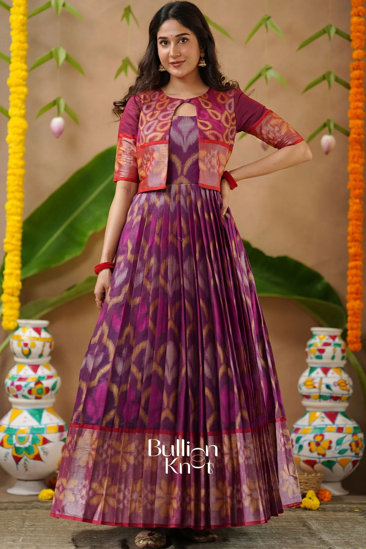 Malvika Ikkat Pochampally Pattu Dress with Jacket - Image 3