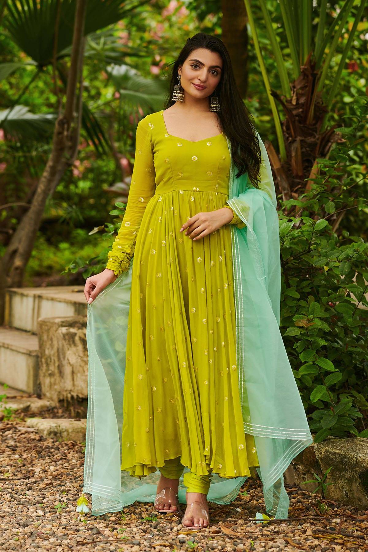 Maya Anarkali Suit Set in Neon Lime - Image 4