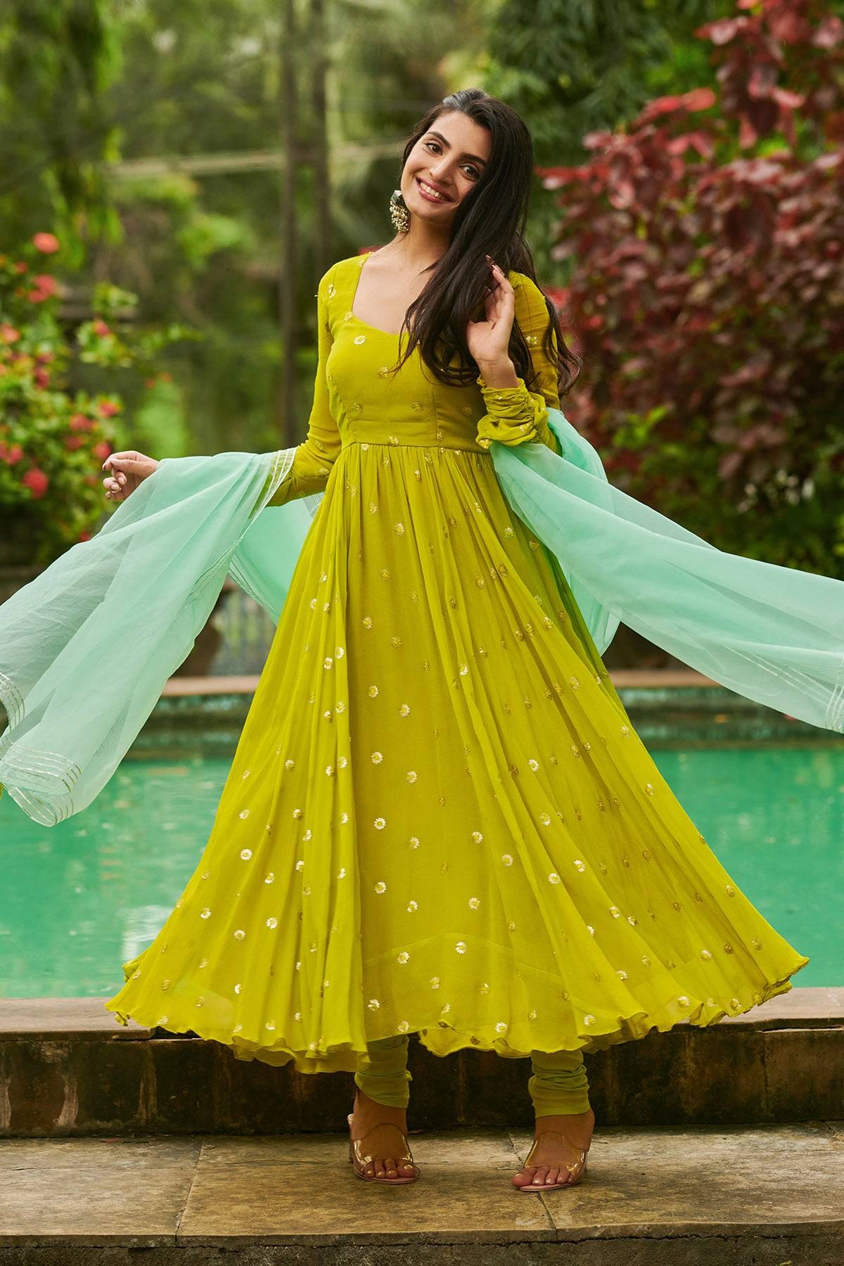 Maya Anarkali Suit Set in Neon Lime - Image 5