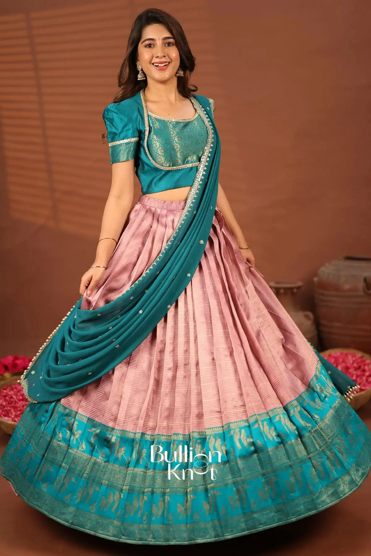 Mayurika Teal Blue and Baby Pink Silk Lehenga Set for Women - Image 3