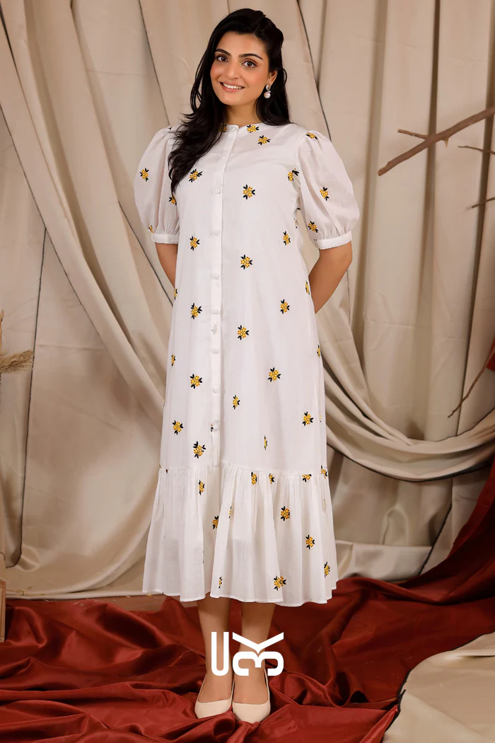 Micheal Summer White Chinses Collar Midi Dress - Image 5
